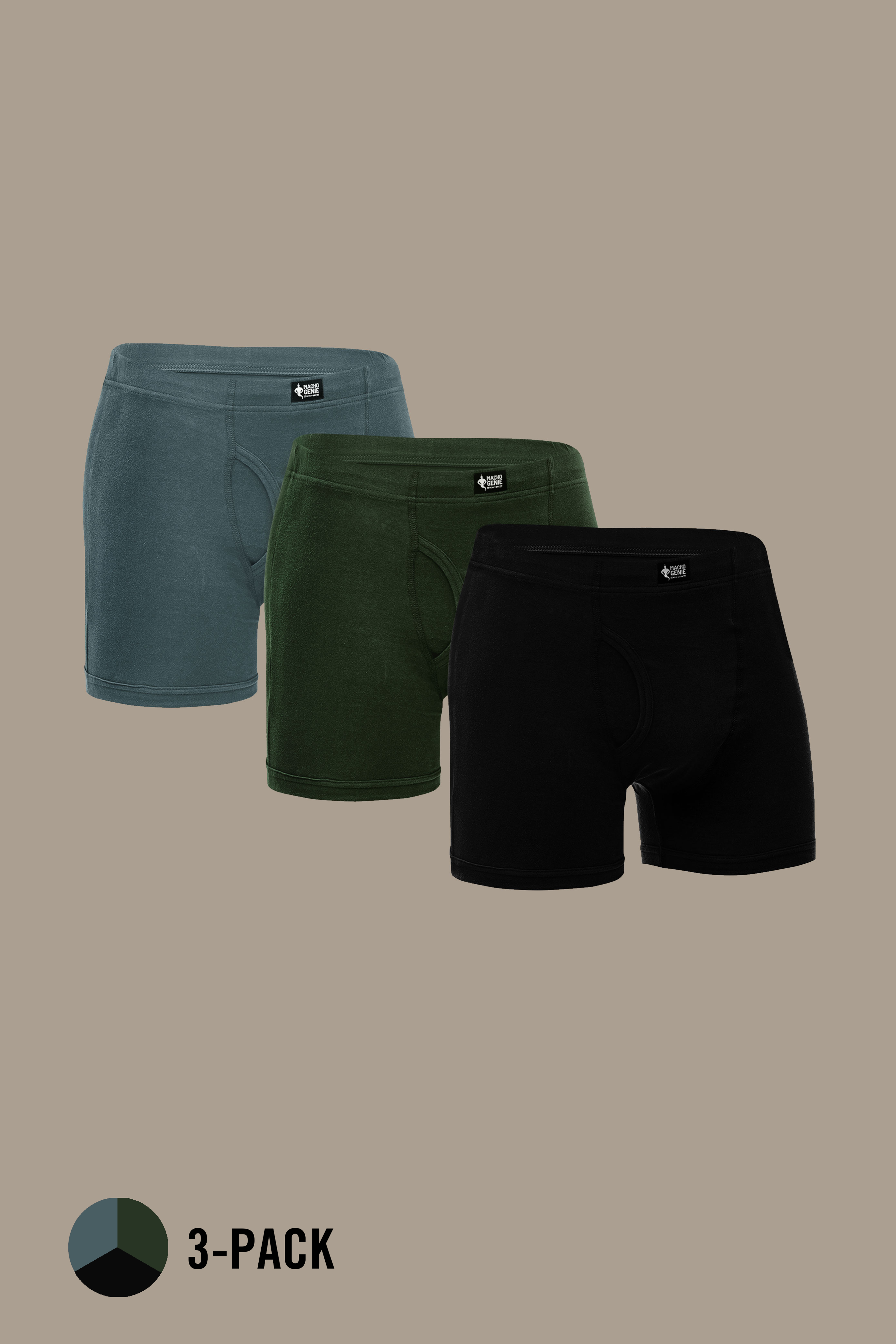 Macho Genie 100% cotton Green, Grey, and Black boxer trunks 3-pack featuring a slim fit, concealed waistband, functional fly, no-tag design, soft breathable fabric, and 3-inch inseam for comfortable everyday wear, All-Day Bliss.