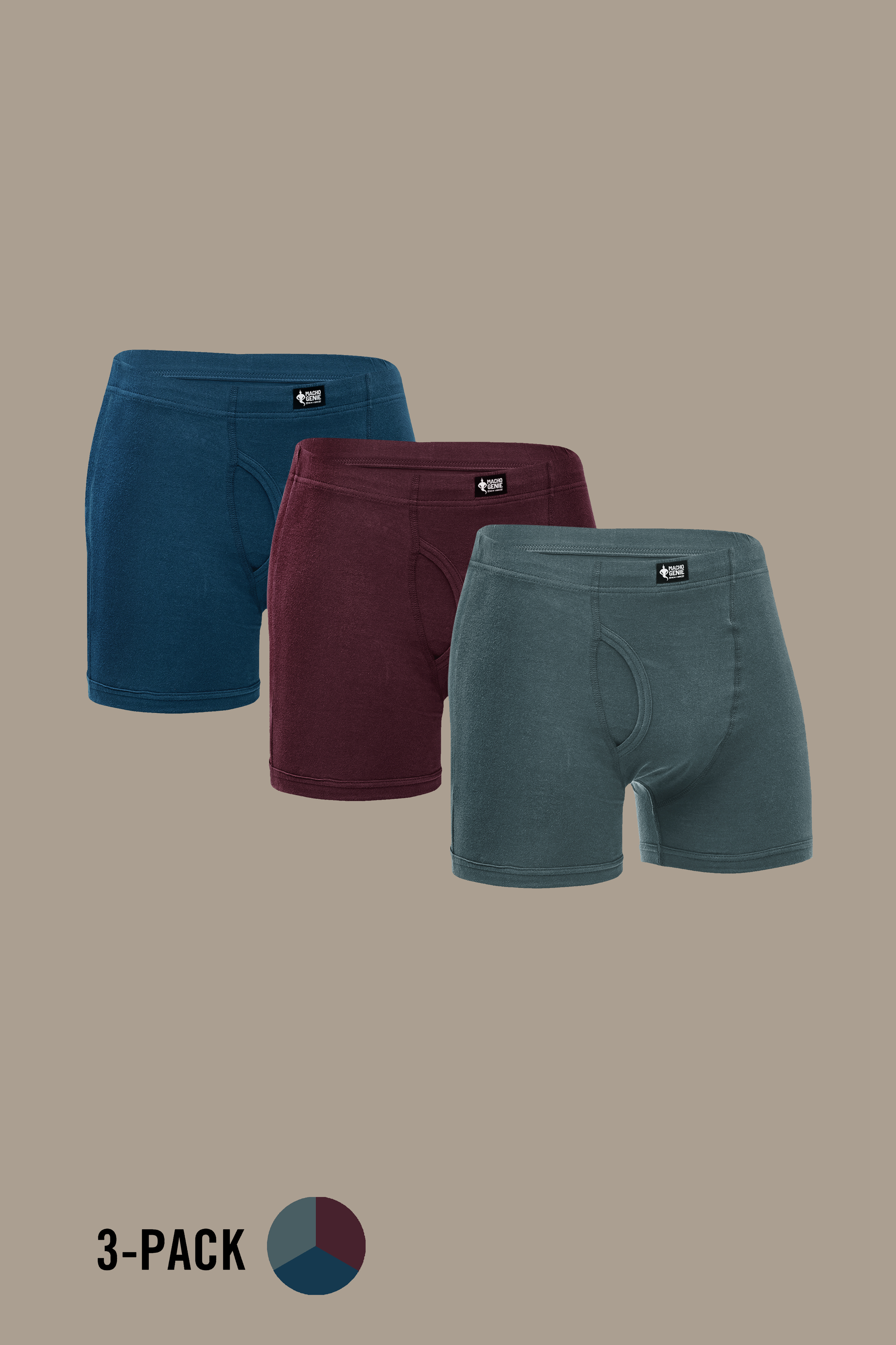 Macho Genie 100% cotton Grey, Maroon, and Blue boxer trunks 3-pack featuring a slim fit, concealed waistband, functional fly, no-tag design, soft breathable fabric, and 3-inch inseam for comfortable everyday wear, All-Day Bliss