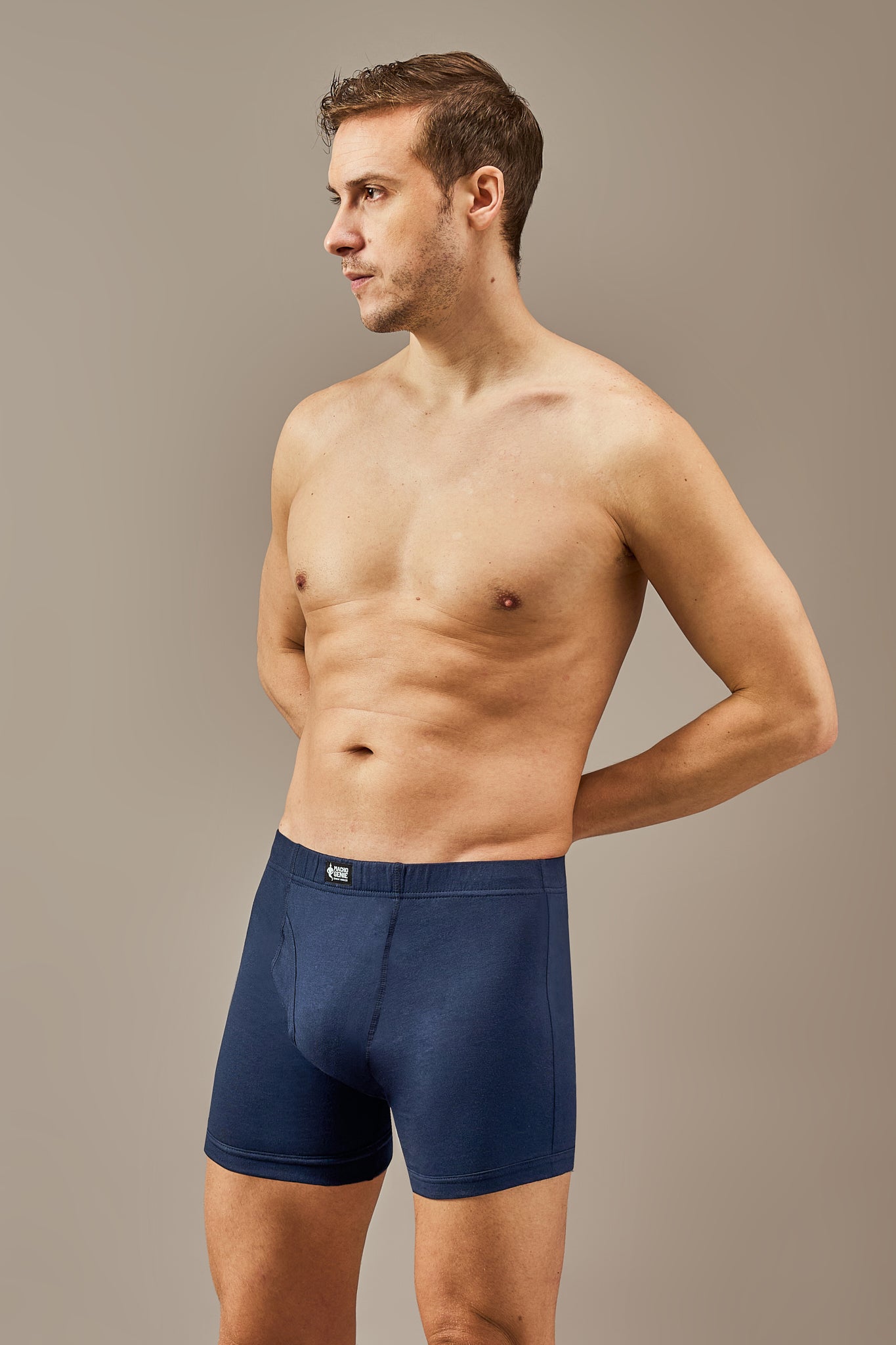 Macho Genie 100% cotton Ocean Blue boxer trunks from the All-Day Bliss collection, featuring a soft breathable fabric, slim fit, and 3-inch inseam for comfortable everyday wear