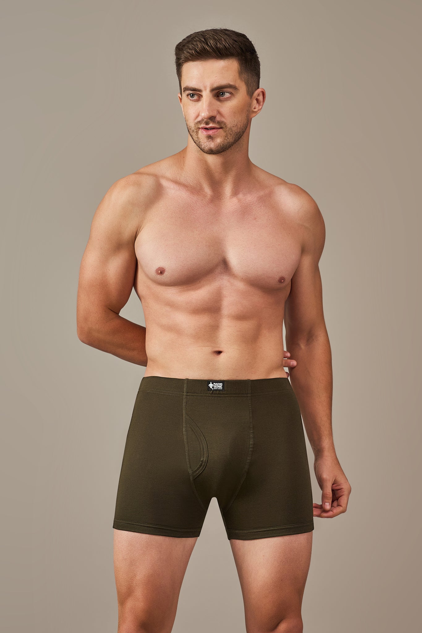 Macho Genie 100% cotton Sage Green boxer trunks from the All-Day Bliss collection, featuring a soft, breathable fabric, slim fit, and 3-inch inseam for comfortable everyday wear.