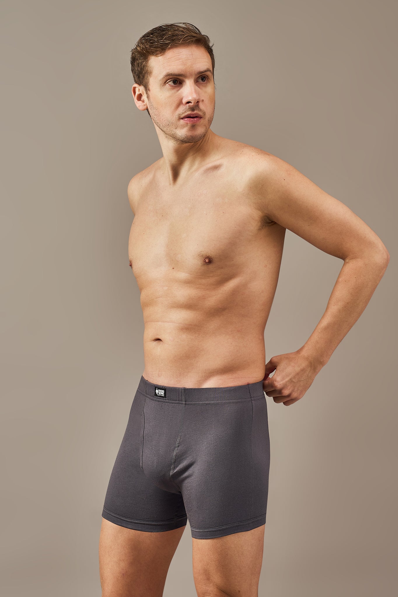 Macho Genie 100% cotton Slate Grey boxer trunks from the All-Day Bliss collection, featuring a soft feel, breathable fabric, and slim fit for comfortable everyday wear