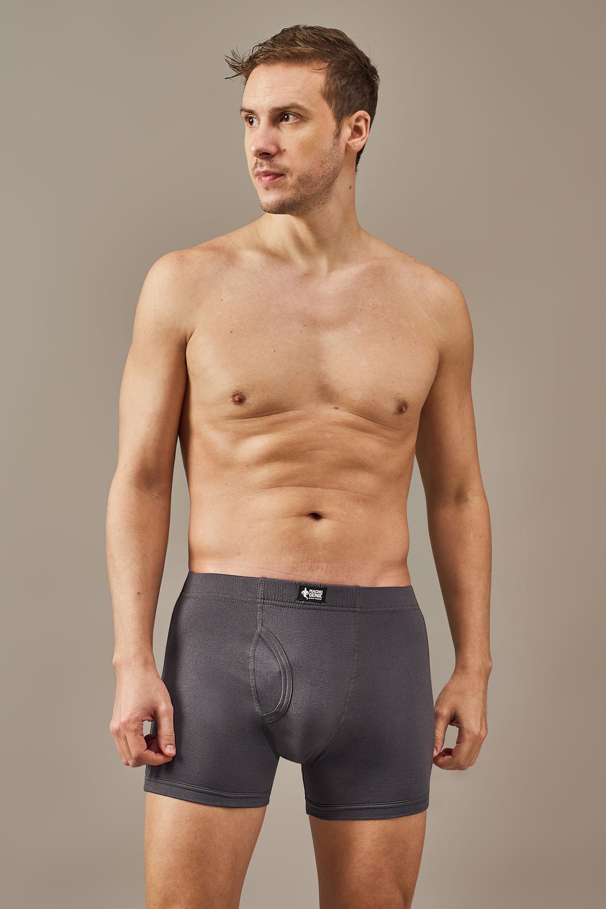 Macho Genie 100% cotton Slate Grey boxer trunks from the All-Day Bliss collection, featuring a concealed waistband for a smooth, secure, no-dig fit and all-day comfort.