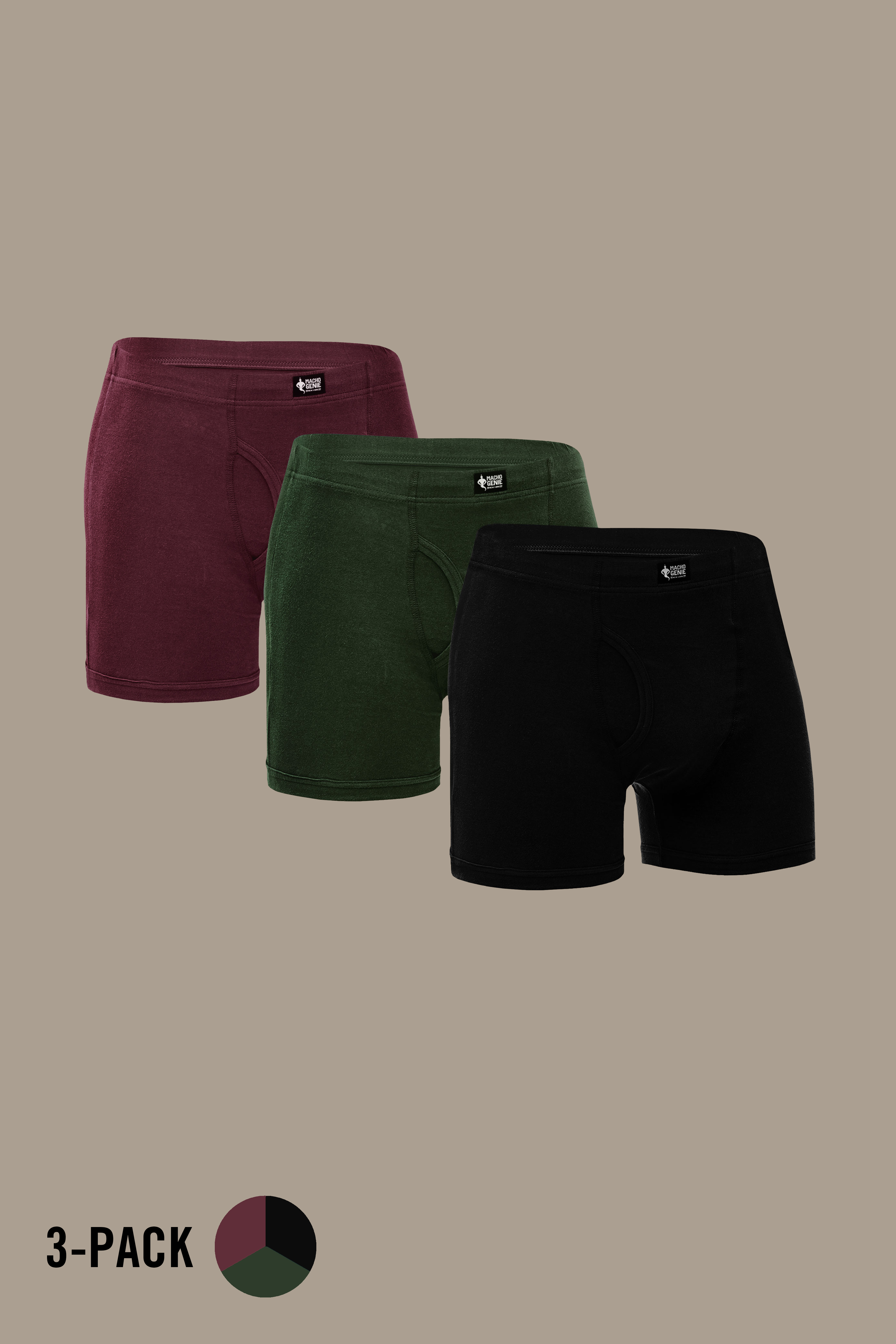 Macho Genie 100% cotton Wine, Green and Black boxer trunks 3-pack with slim fit, concealed waistband, functional fly, no-tag design, soft breathable fabric and 3-inch inseam for comfortable everyday wear, All-Day Bliss