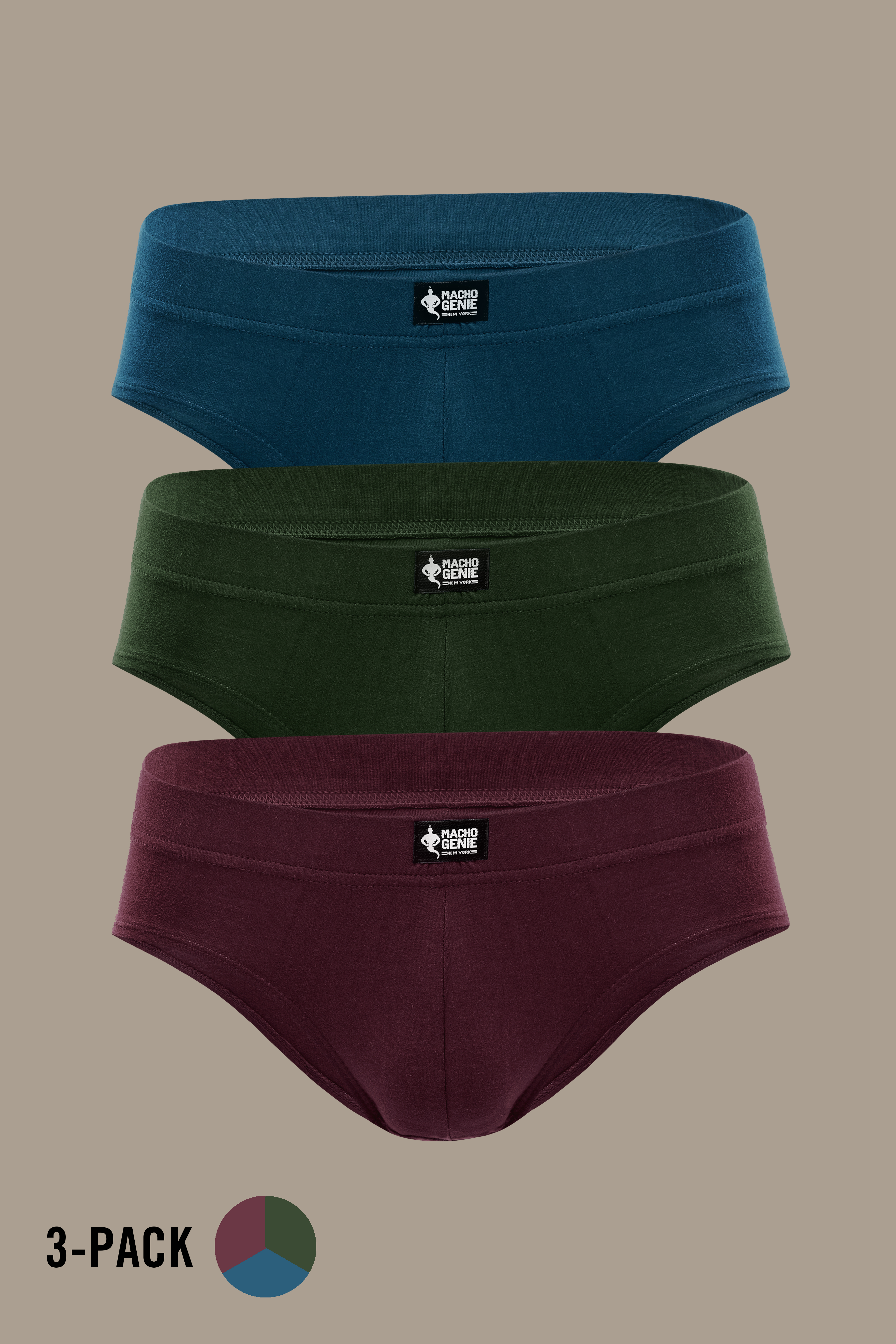 Macho Genie 100% cotton Y-shaped briefs 3-pack in Maroon, Green and Blue, featuring soft breathable cotton, full coverage and a comfortable flexible waistband.