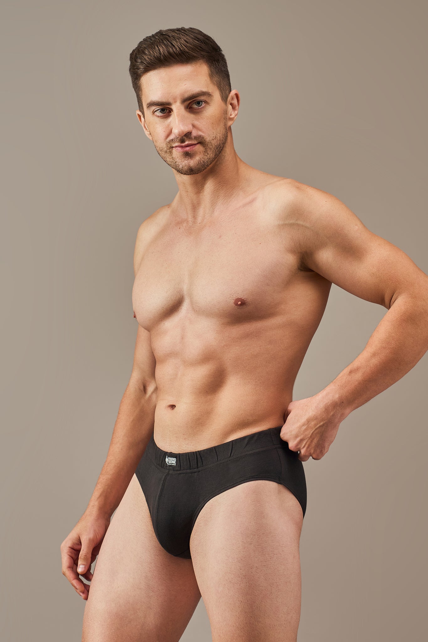 Macho Genie 100% cotton Y-shaped briefs in Eclipse Black with a slim fit, concealed waistband, no-tag design, soft breathable fabric and full coverage cut for comfortable everyday movement, All-Day Bliss