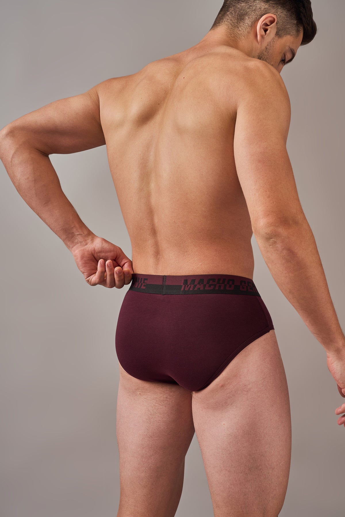 Macho Genie wine Supima cotton briefs designed with a Y-shaped front, functional fly and secure waistband for lasting comfort