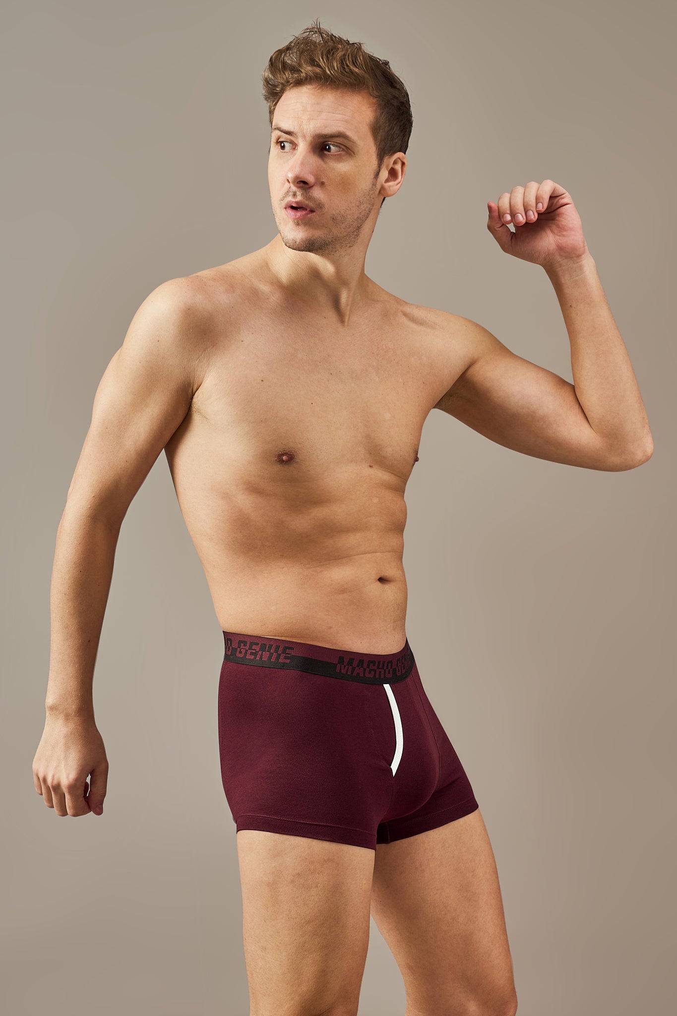Macho Genie wine maroon boxer trunks crafted from 100% cotton with a functional fly and comfortable tailored fit