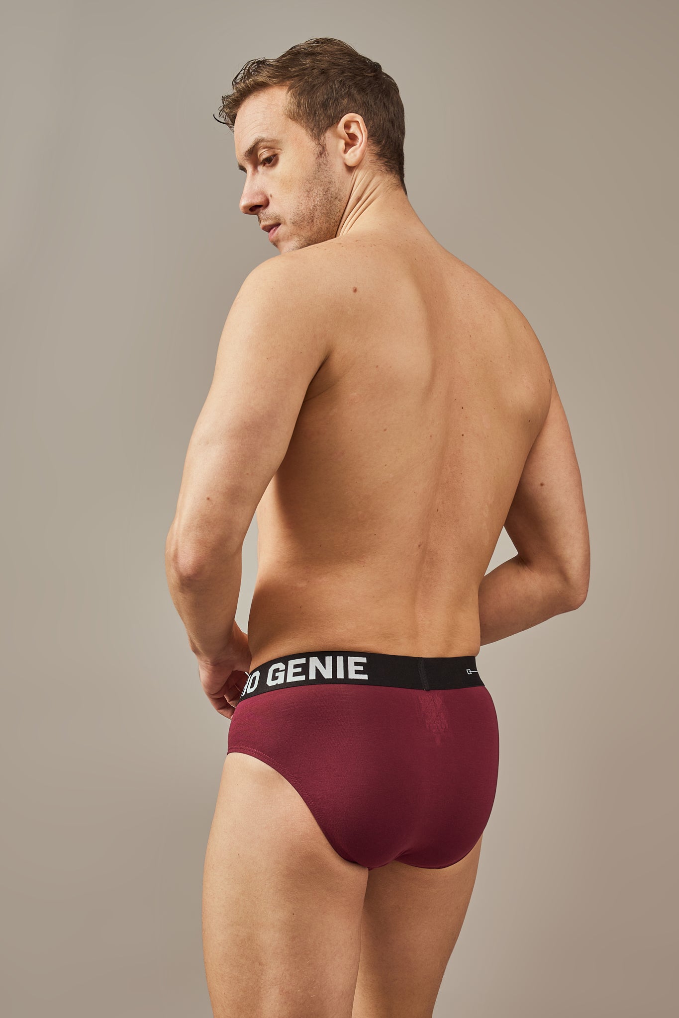 Macho Genie Merlot wine premium modal briefs shown from the back, highlighting the smooth full coverage design, ultra soft bio washed fabric and comfortable flexible waistband.