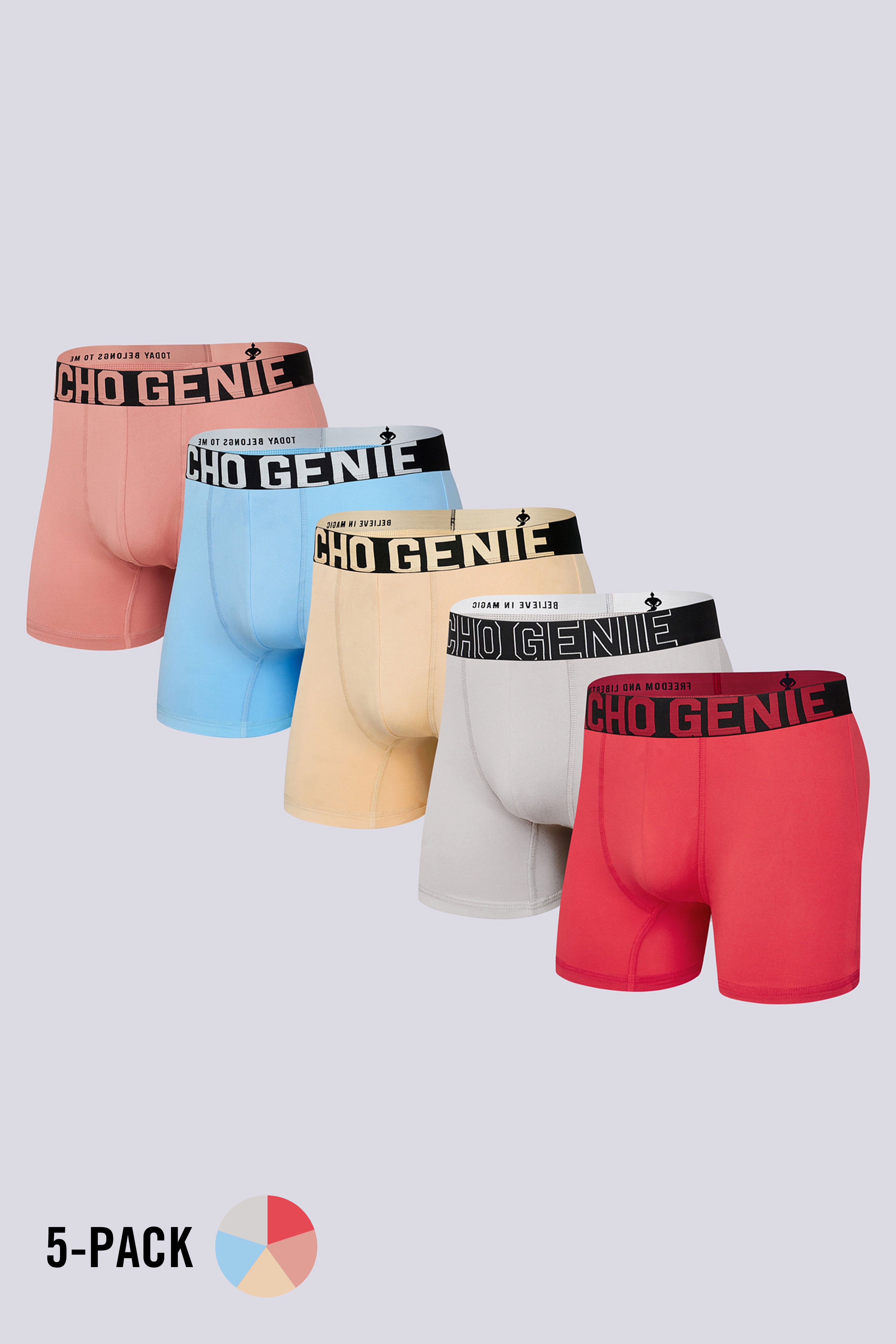 Macho Genie Essentials FlexCore boxer brief 5 pack in Red Gray Gold Blue and Coral compression, flexible waistband and no ride up support with six inch inseam 