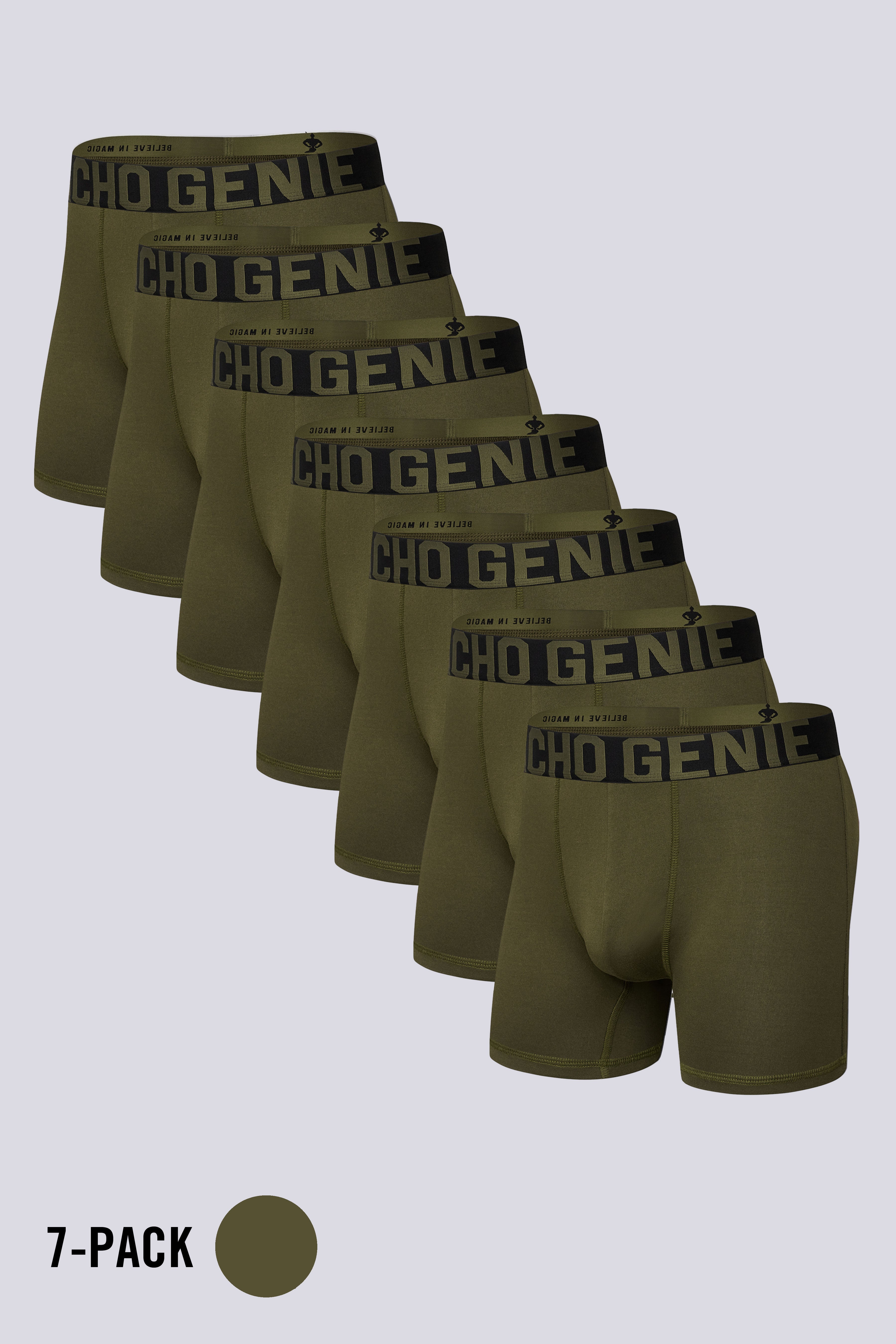 Macho Genie men’s Essentials FlexCore boxer brief 7 pack in olive green with high stretch performance fabric compression support and flexible waistband