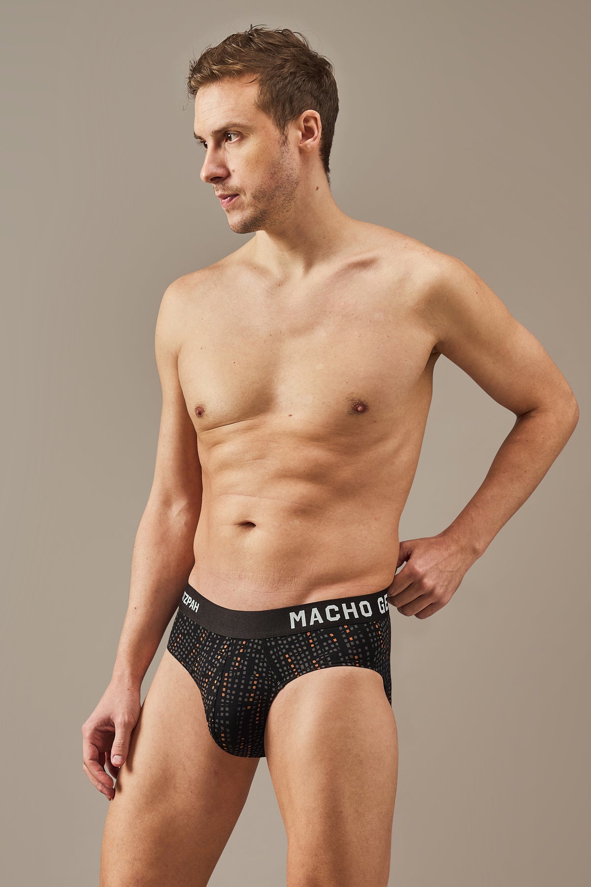Macho Genie men’s black modal Y-shaped briefs undergarment combine Ultra soft wash, vibrant black, grey and orange prints, tag-free comfort, durable elasticity and a flexible waistband that adapts comfortably to the body