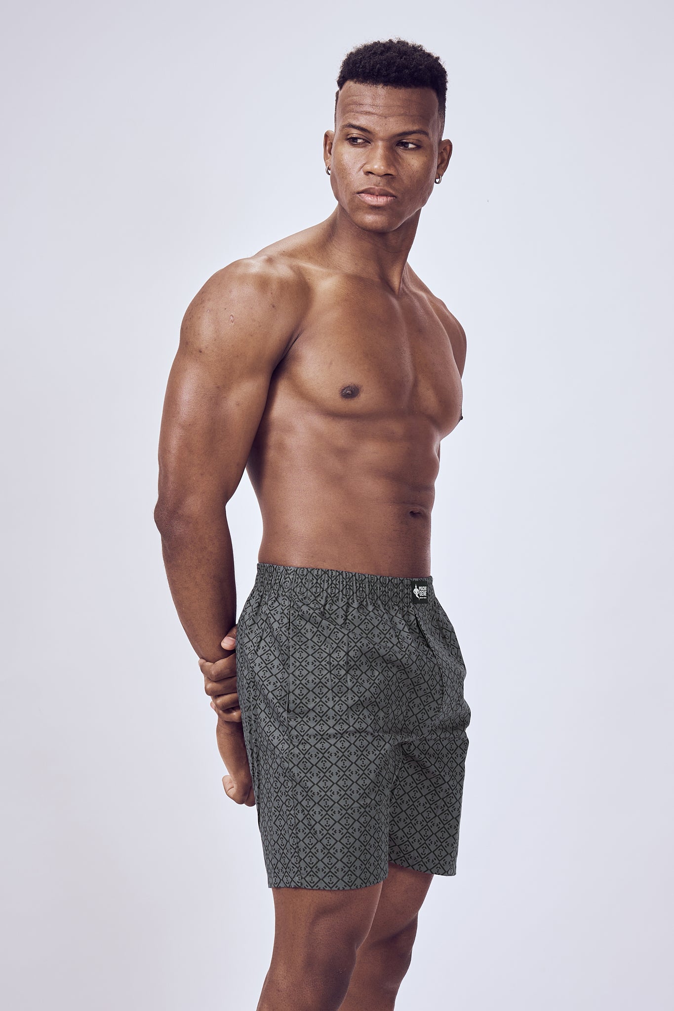 Macho Genie men’s charcoal gray cotton woven boxers with dapper printed design, six inch inseam, flexible waistband and practical pockets