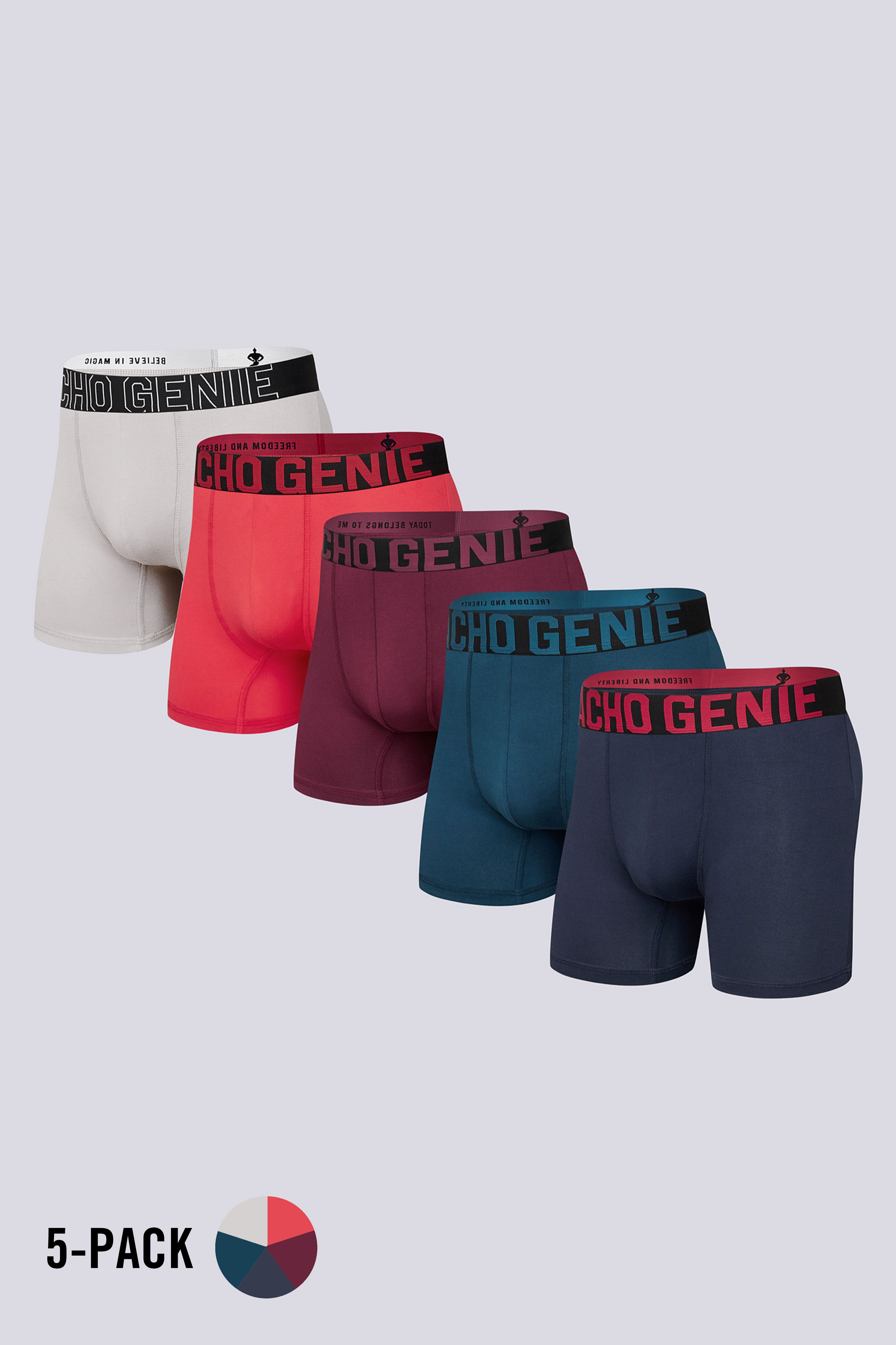 Macho Genie Men FlexCore boxer brief 5 pack in Gray Red Wine Blue Navy for fitness fanatics with high stretch fabric, compression support and six inch inseam athletic wear