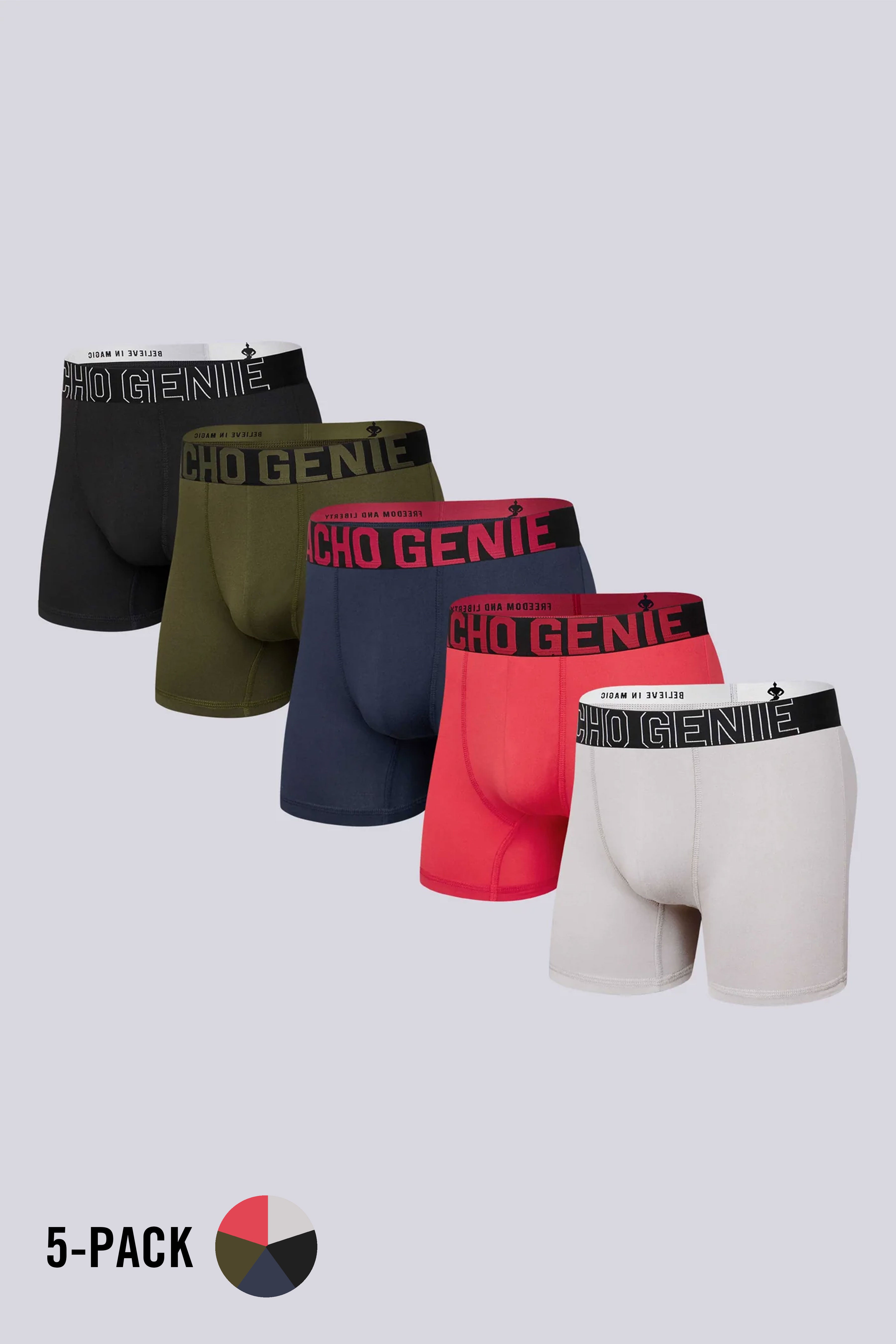 Macho Genie Men FlexCore boxer brief 5 pack in Gray, Red, Navy, Green, and Black for fitness fanatics with high stretch fabric, compression support and six inch inseam athletic wear