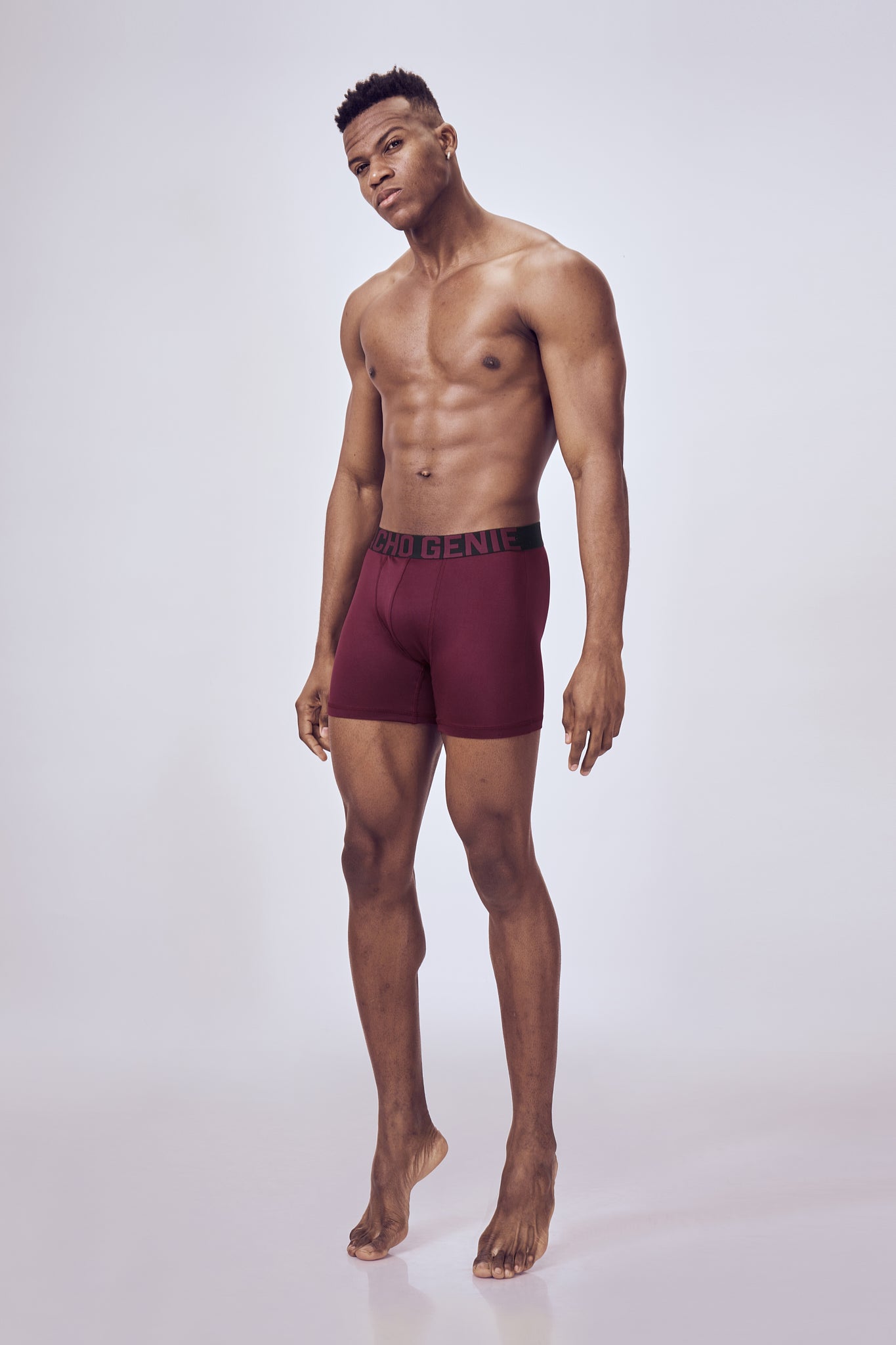 Macho Genie  men Crimson Maroon boxer microfiber brief with compression, flexible waistband and no ride up support with six inch inseam 