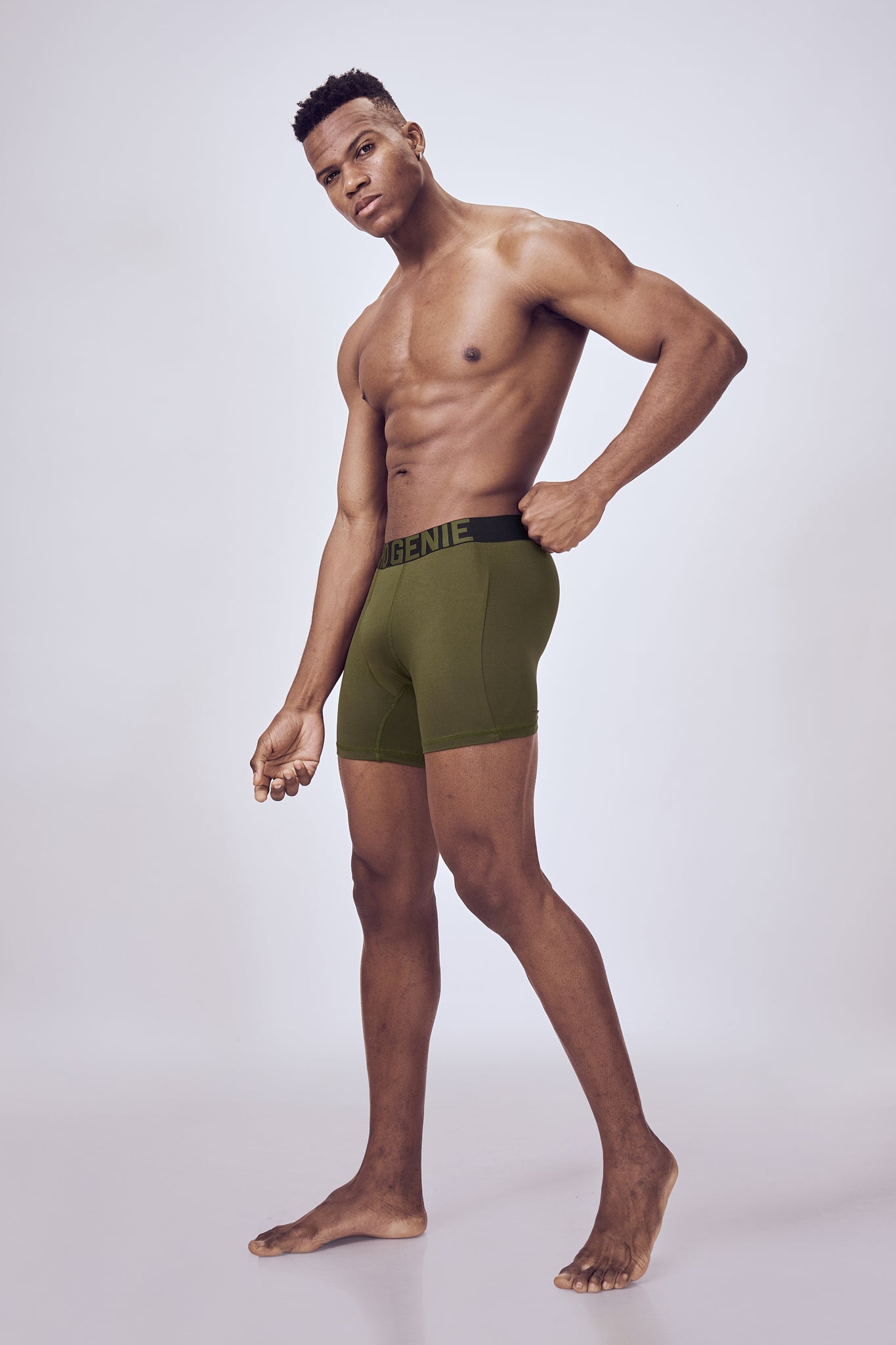Macho Genie  men olive green boxer microfiber brief with compression, flexible waistband and no ride up support with six inch inseam 