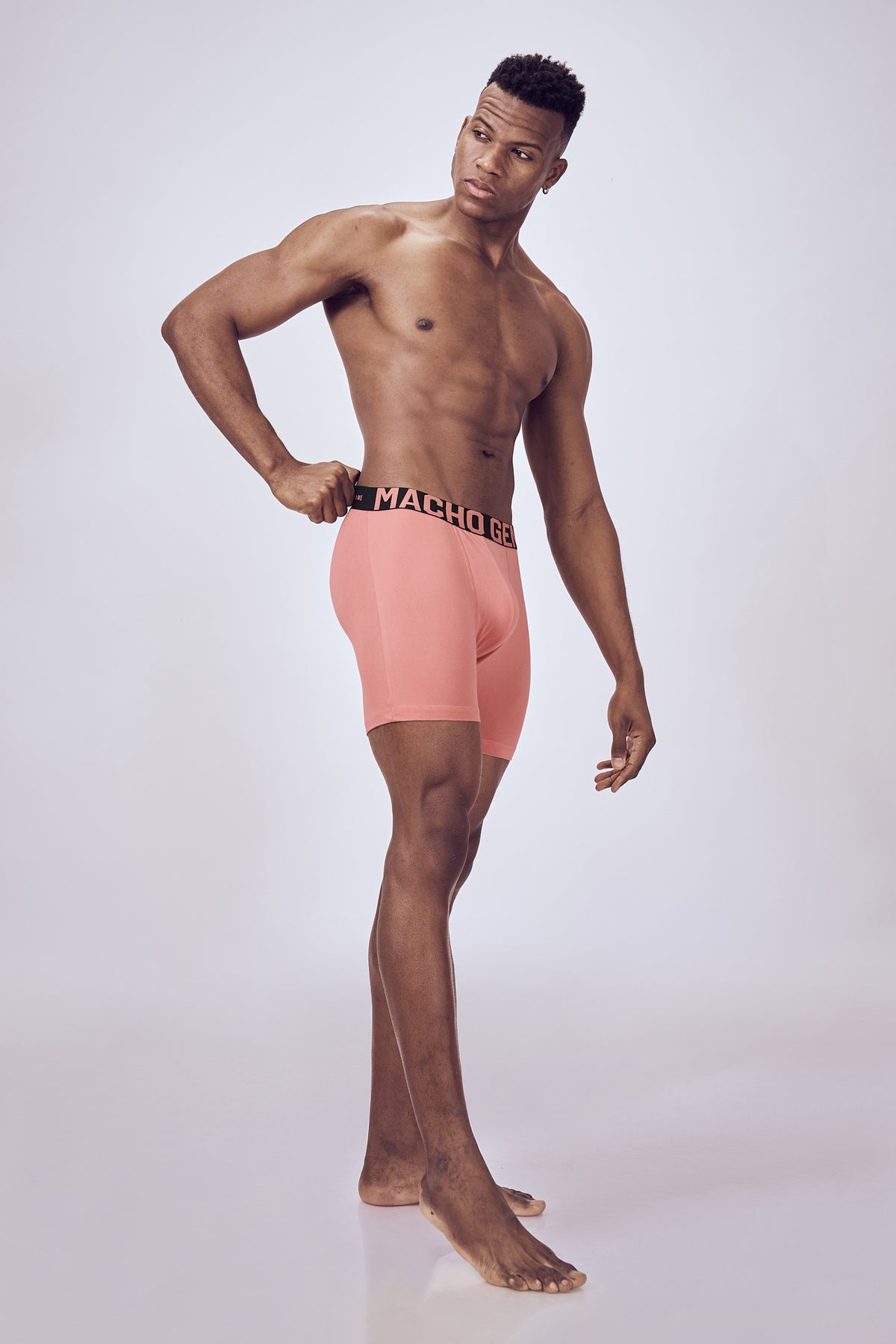 Macho Genie Men boxer brief  Tropical Coral Orange for fitness fanatics with high stretch fabric, compression support and six inch inseam athletic wear