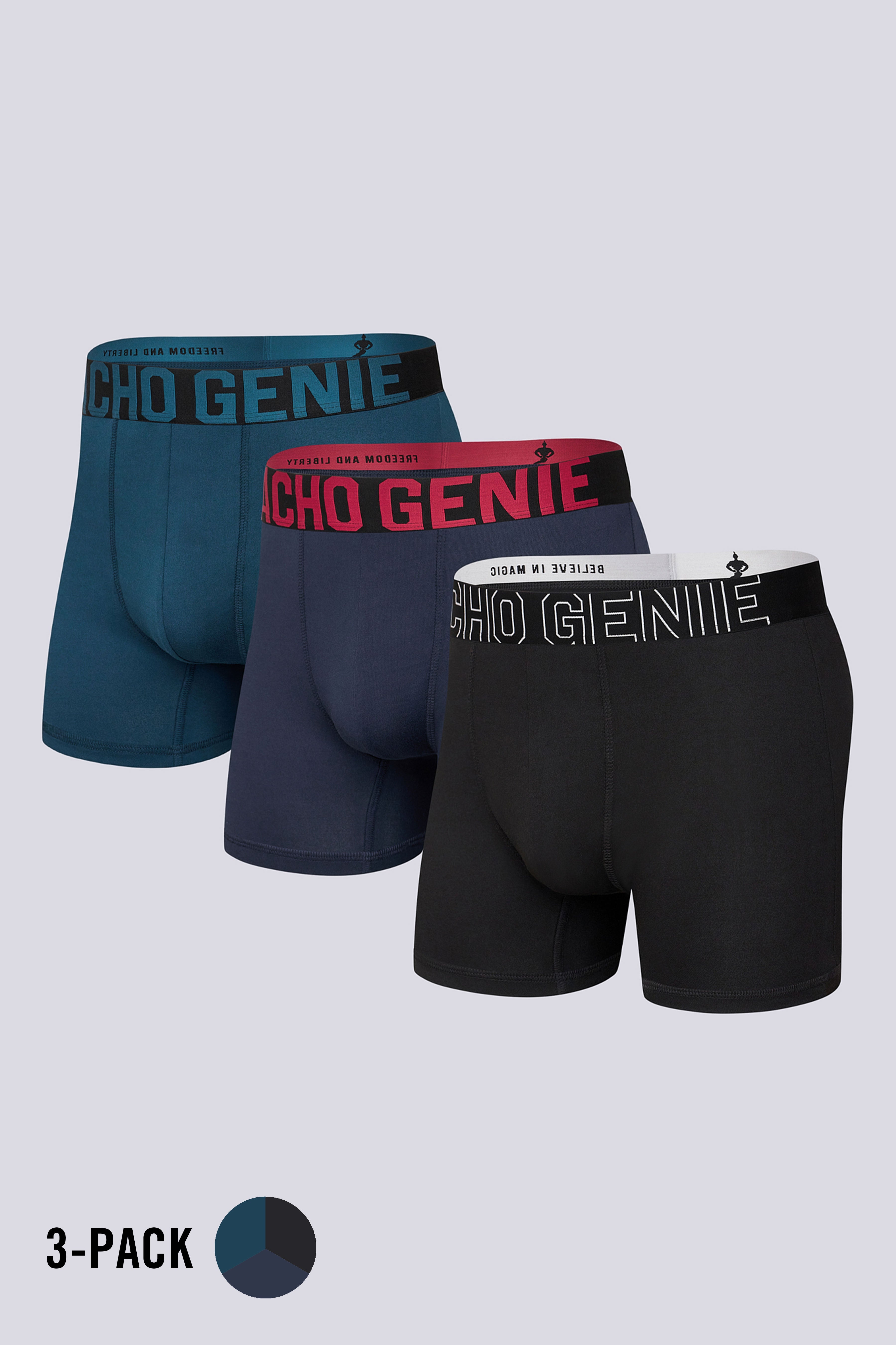 Macho Genie men’s FlexCore compression boxer briefs 3-pack in black, navy and sailor blue with high stretch microfiber and performance support