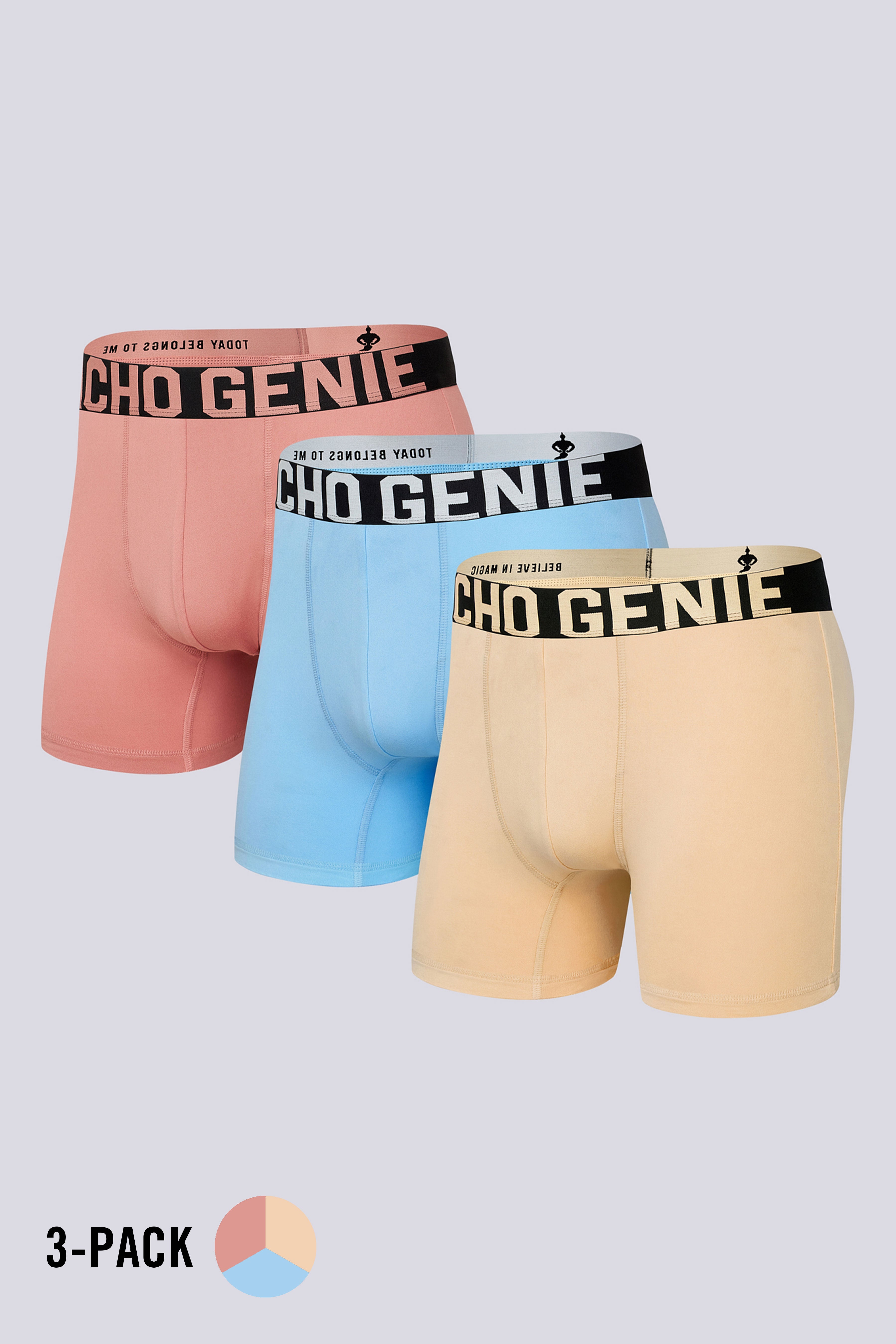 Macho Genie men’s FlexCore compression boxer briefs 3-pack in gold, sky blue and coral with high stretch microfiber, flexible waistbands and performance support