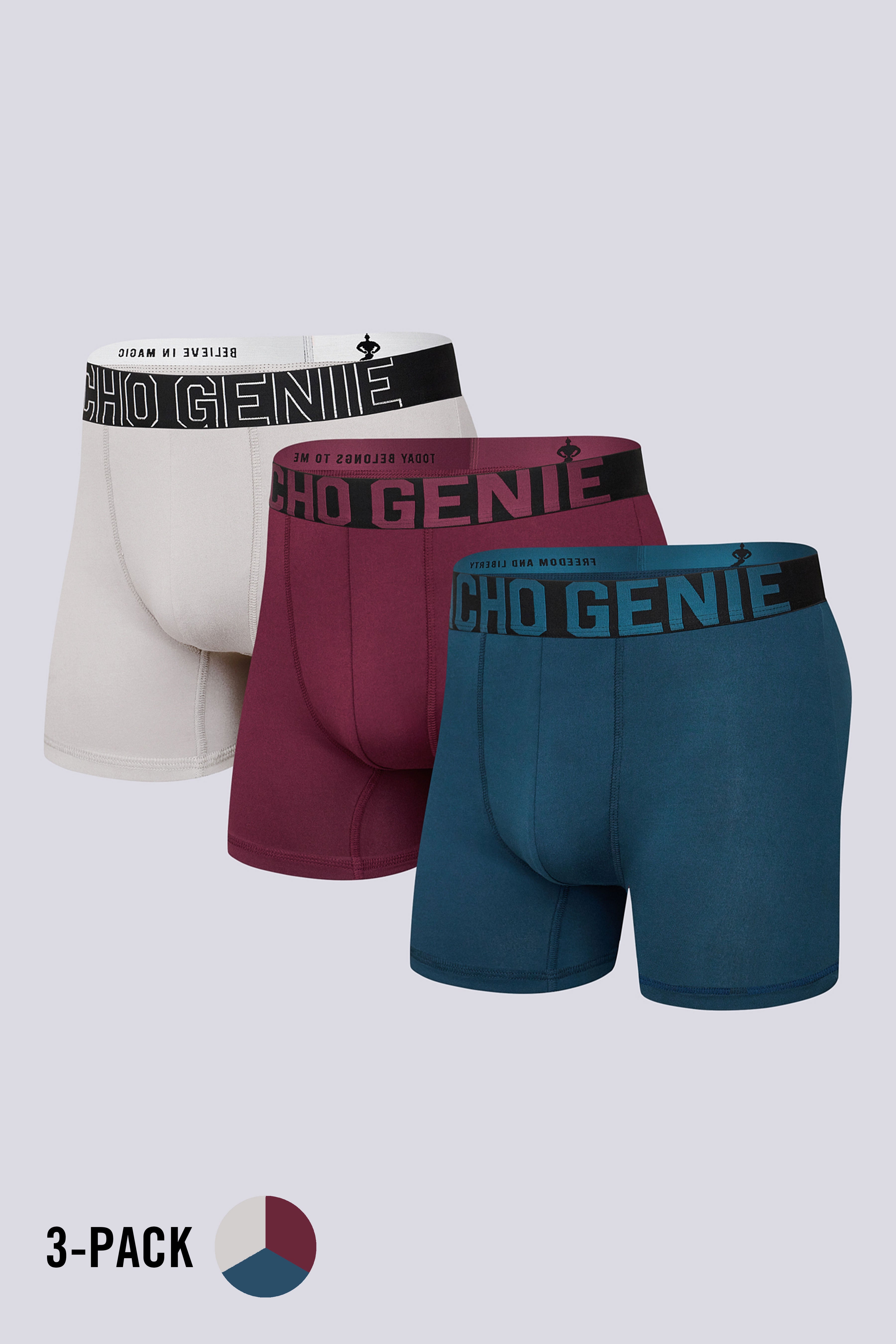 Macho Genie men’s FlexCore compression boxer briefs 3-pack in Sailor Blue, Maroon and Grey with high stretch microfiber fabric, a 6 inch inseam and flexible performance fit
