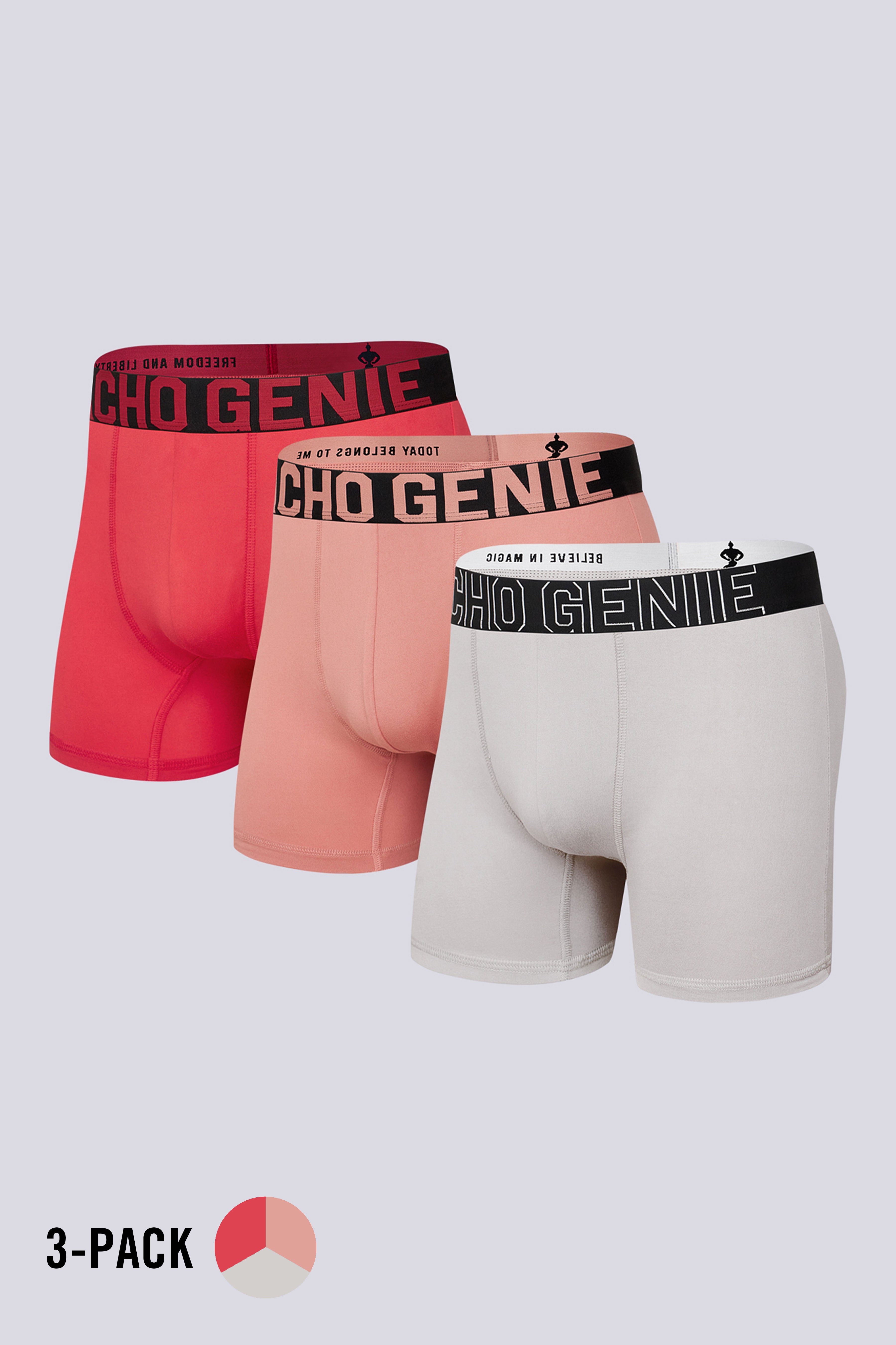 Macho Genie men’s FlexCore compression boxer briefs 3-pack in grey, coral and red with high stretch microfiber, performance support and a flexible waistband