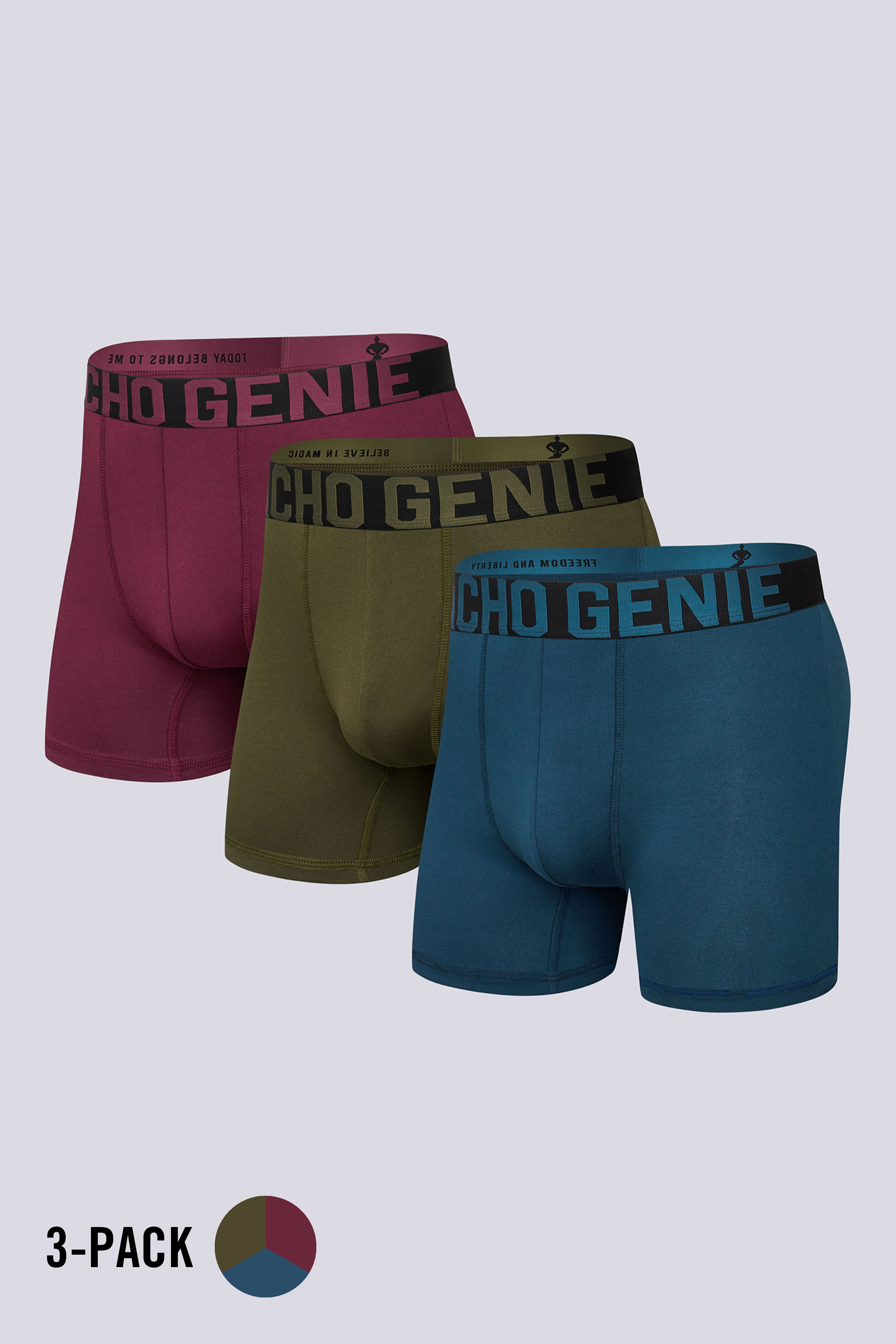 Macho Genie men’s FlexCore compression boxer briefs 3-pack in sailor blue, green and maroon with high stretch microfiber and flexible waistband