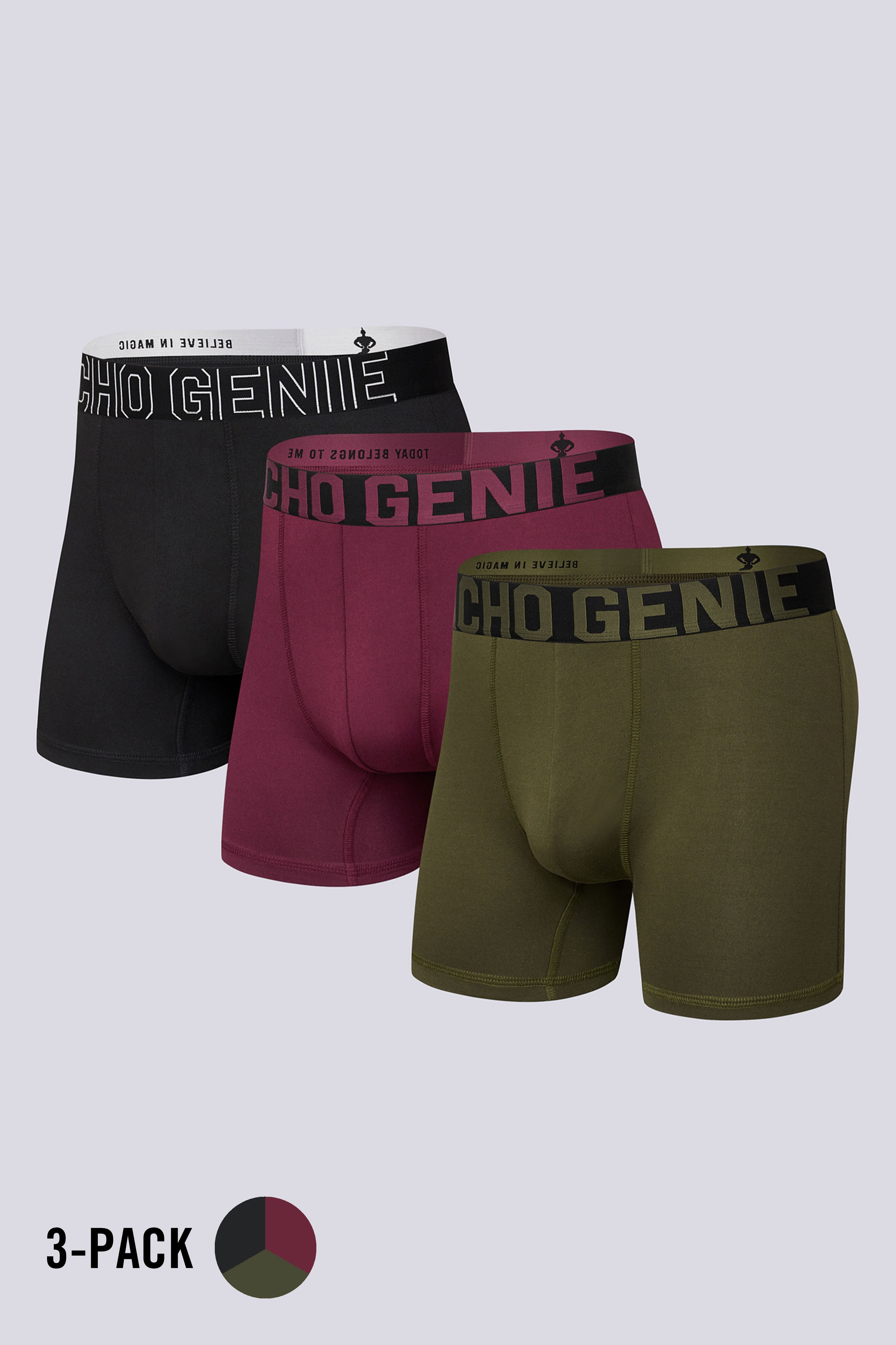 Macho Genie men’s Flexcore compression boxer briefs 3-pack in green, maroon and black with high stretch microfiber fabric and 6 inch inseam