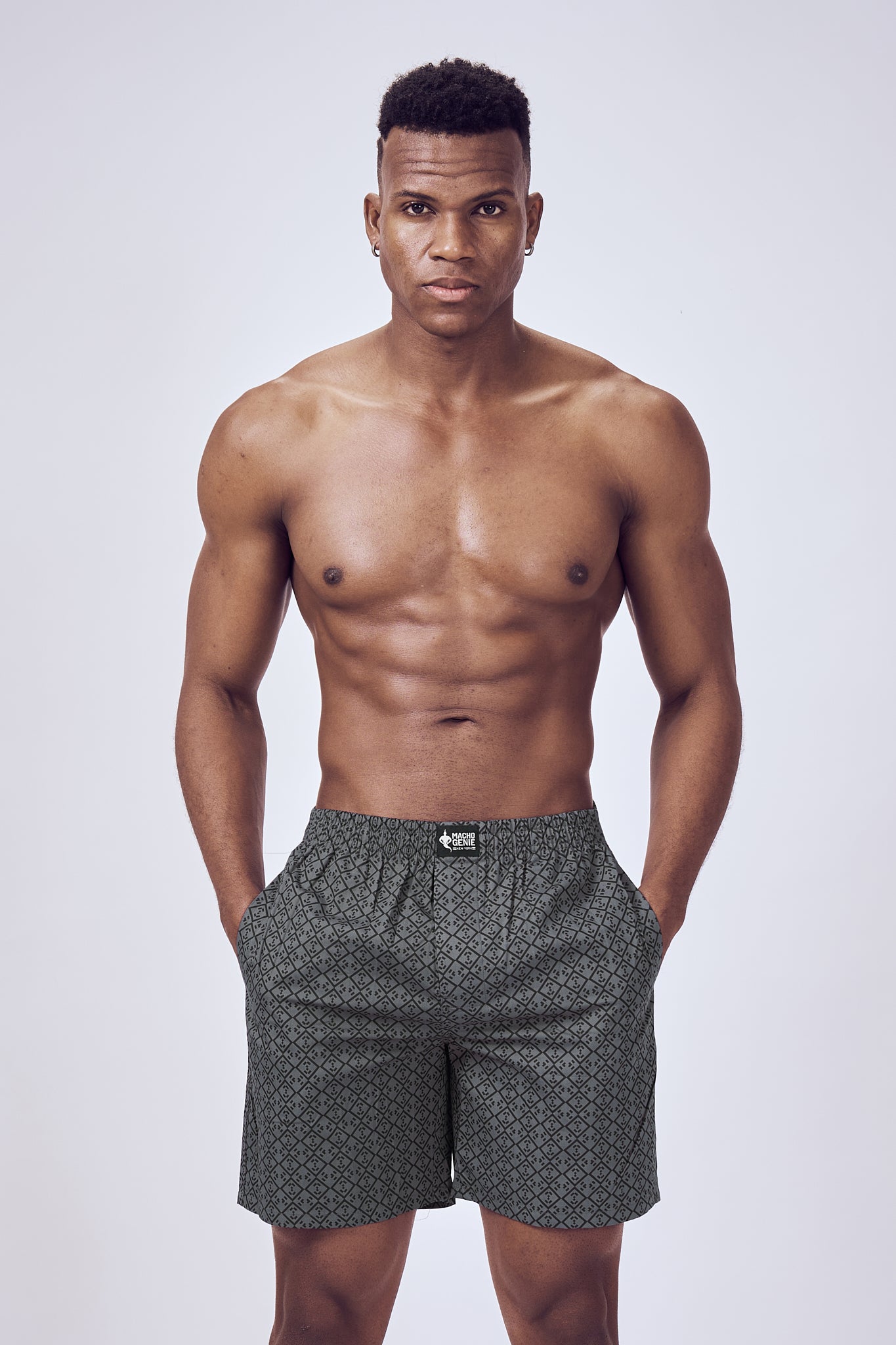 Macho Genie men’s charcoal gray boxers made from 100% pure cotton with dapper printed pattern, flexible waistband, pockets and 6 inch inseam