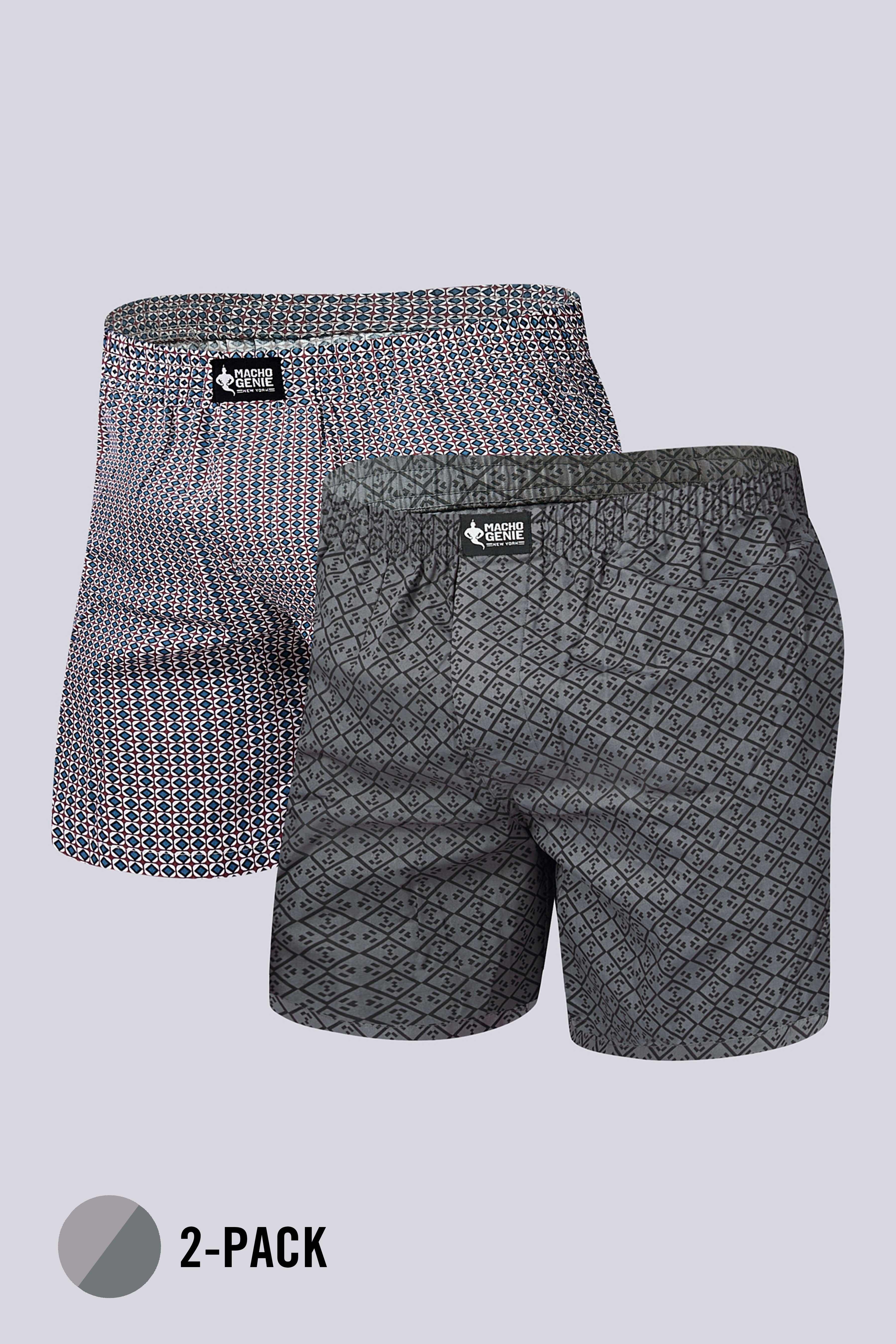 Macho Genie men’s Haven woven boxers 2 pack in charcoal gray and dune beige, made from 100% pure cotton with printed dapper prints, flexible waistband and pockets
