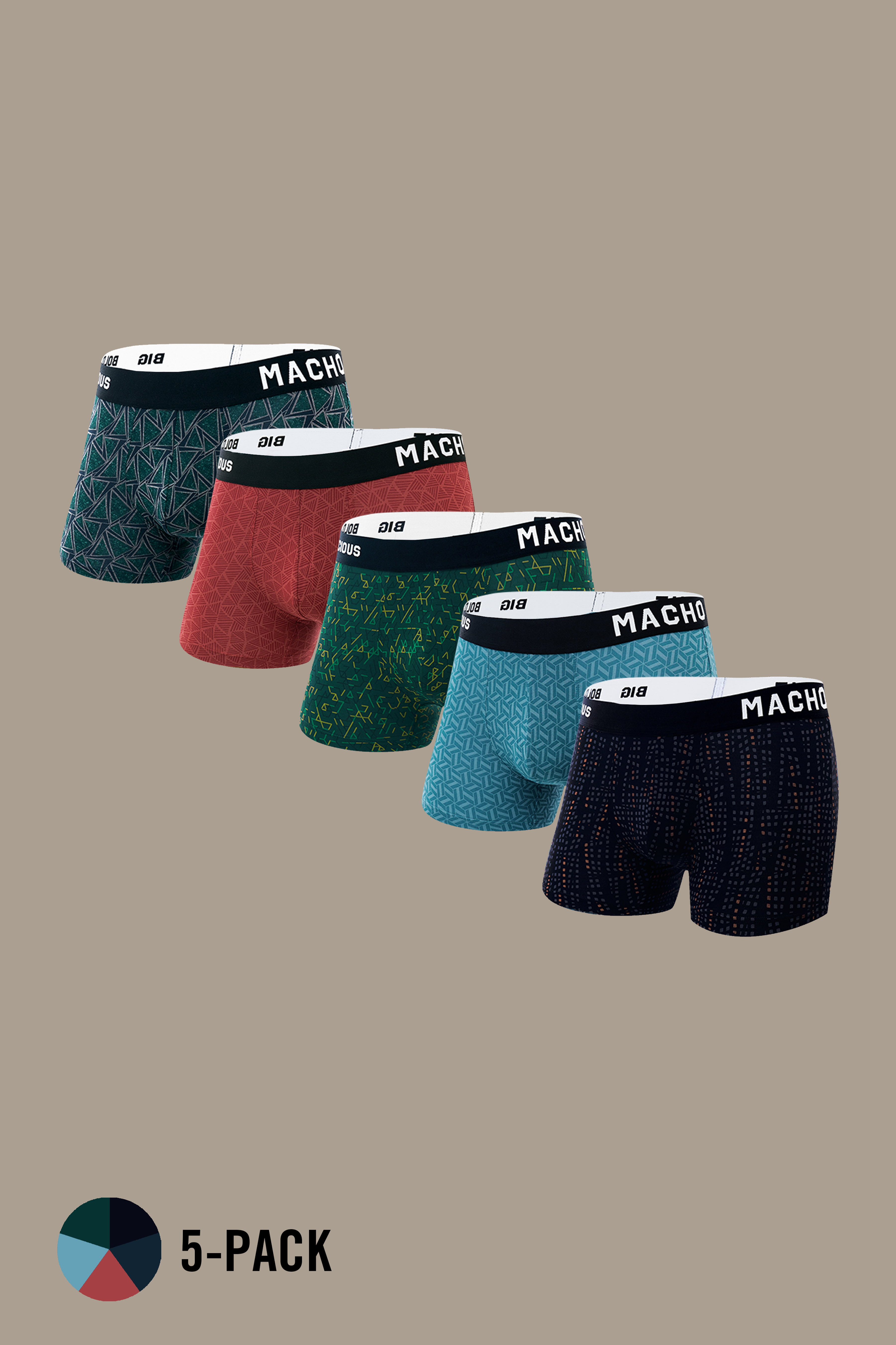 Macho Genie men’s modal trunks pack of 5 in Ocean, Red, Green, Blue and Black with vibrant prints, bio washed modal, ultra soft comfort, flexible waistband and 3 inch inseam