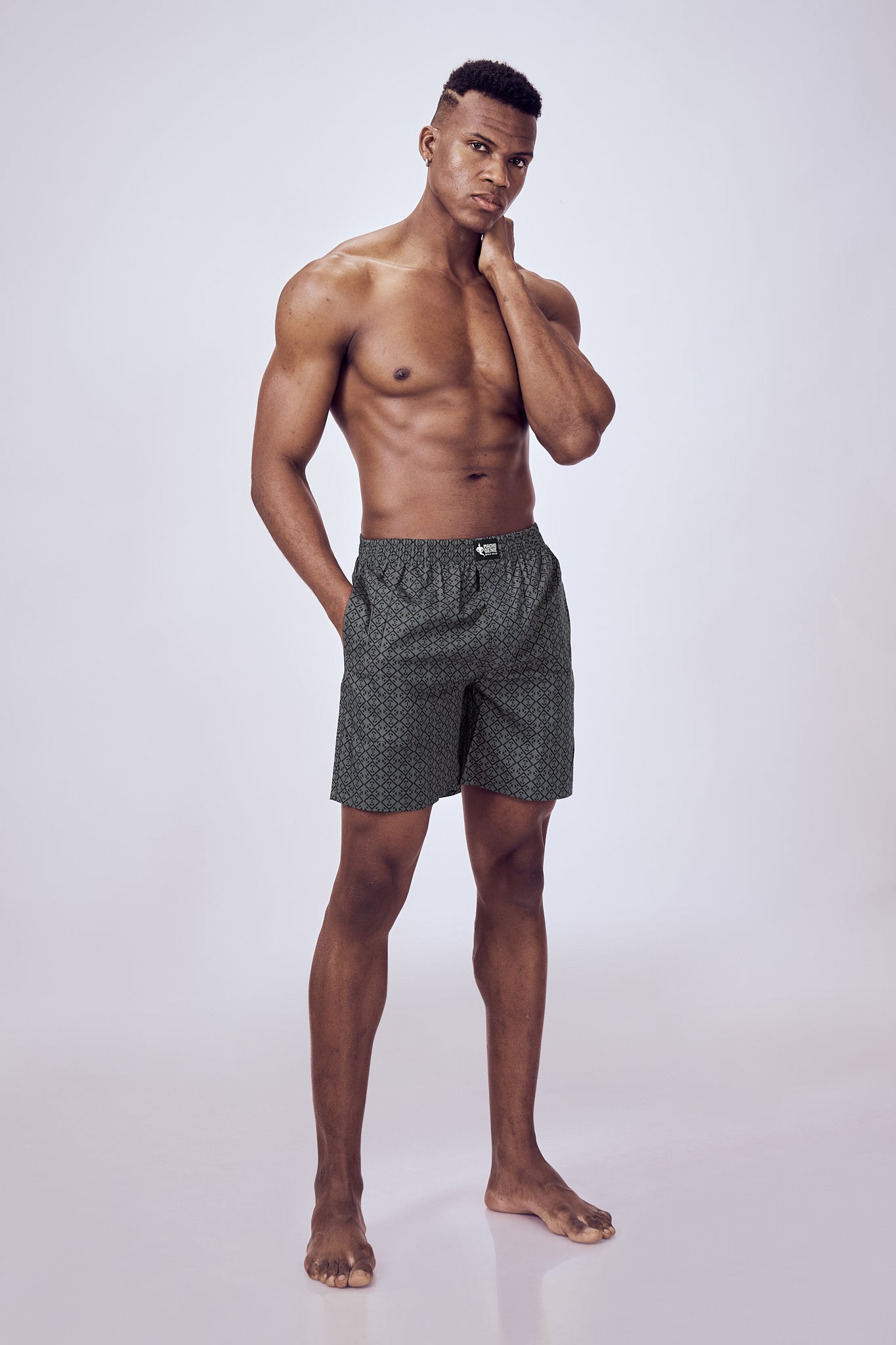 Macho Genie men’s charcoal gray woven boxers in 100% pure cotton featuring dapper prints, flexible waistband, pockets and lightweight comfort