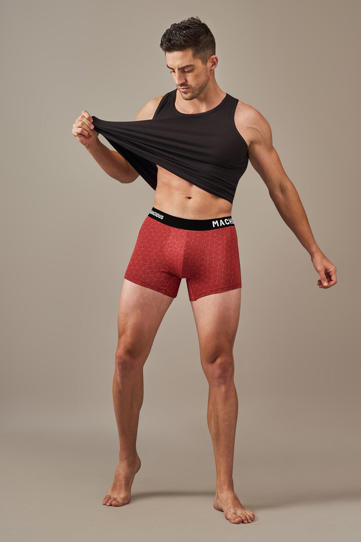 Macho Genie men’s printed Sangria red modal trunks made with bio washed modal, ULTRA SOFT wash, flexible waistband and 3 inch inseam