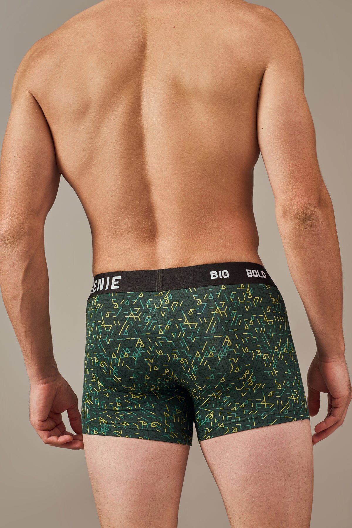 Macho Genie men’s ultra soft modal trunks in Pine green with vibrant prints, flexible waistband and three inch inseam