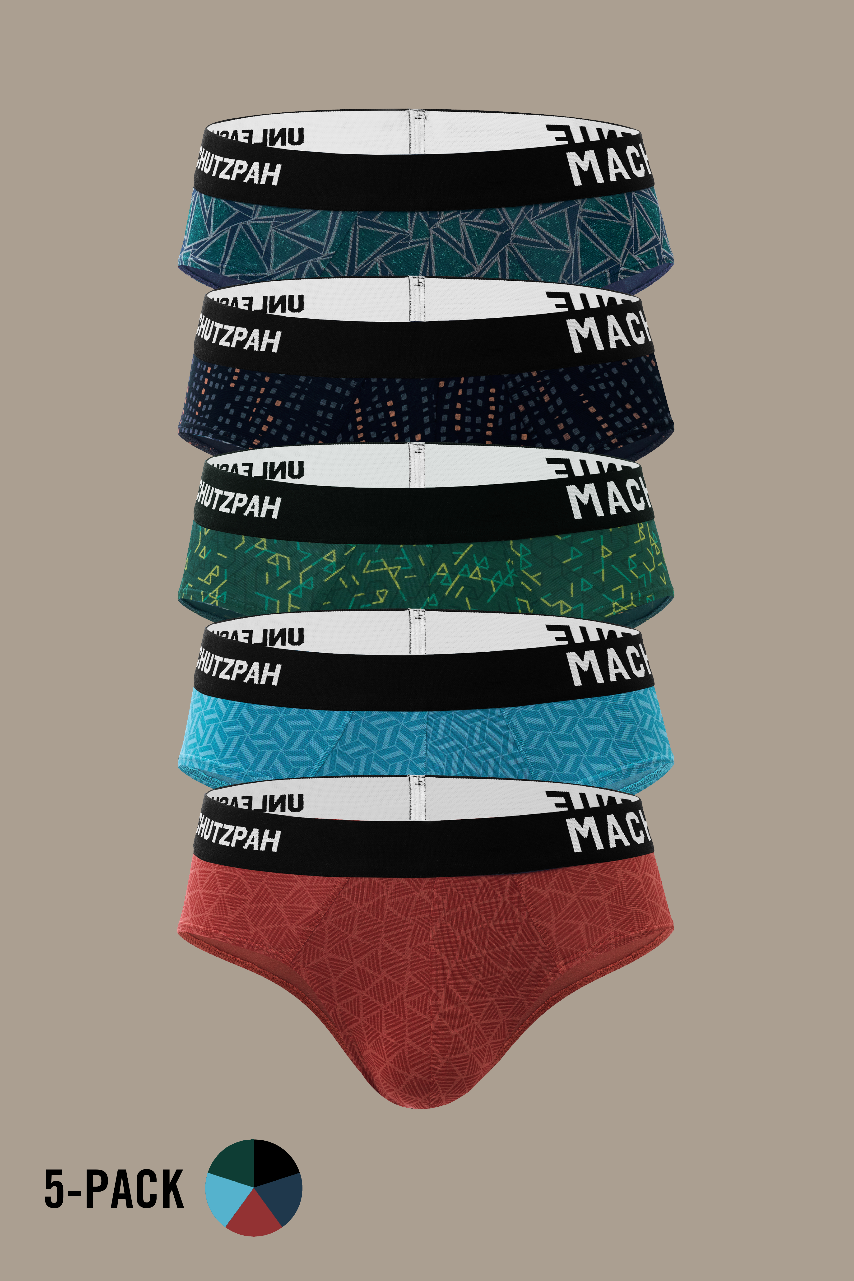Men’s Vibrant Vibes 5 pack modal Y-shaped briefs in Dark Blue, Black, Green, Light Blue and Red vibrant prints, crafted from bio washed modal with ULTRA SOFT wash, ultra soft comfort and flexible waistband