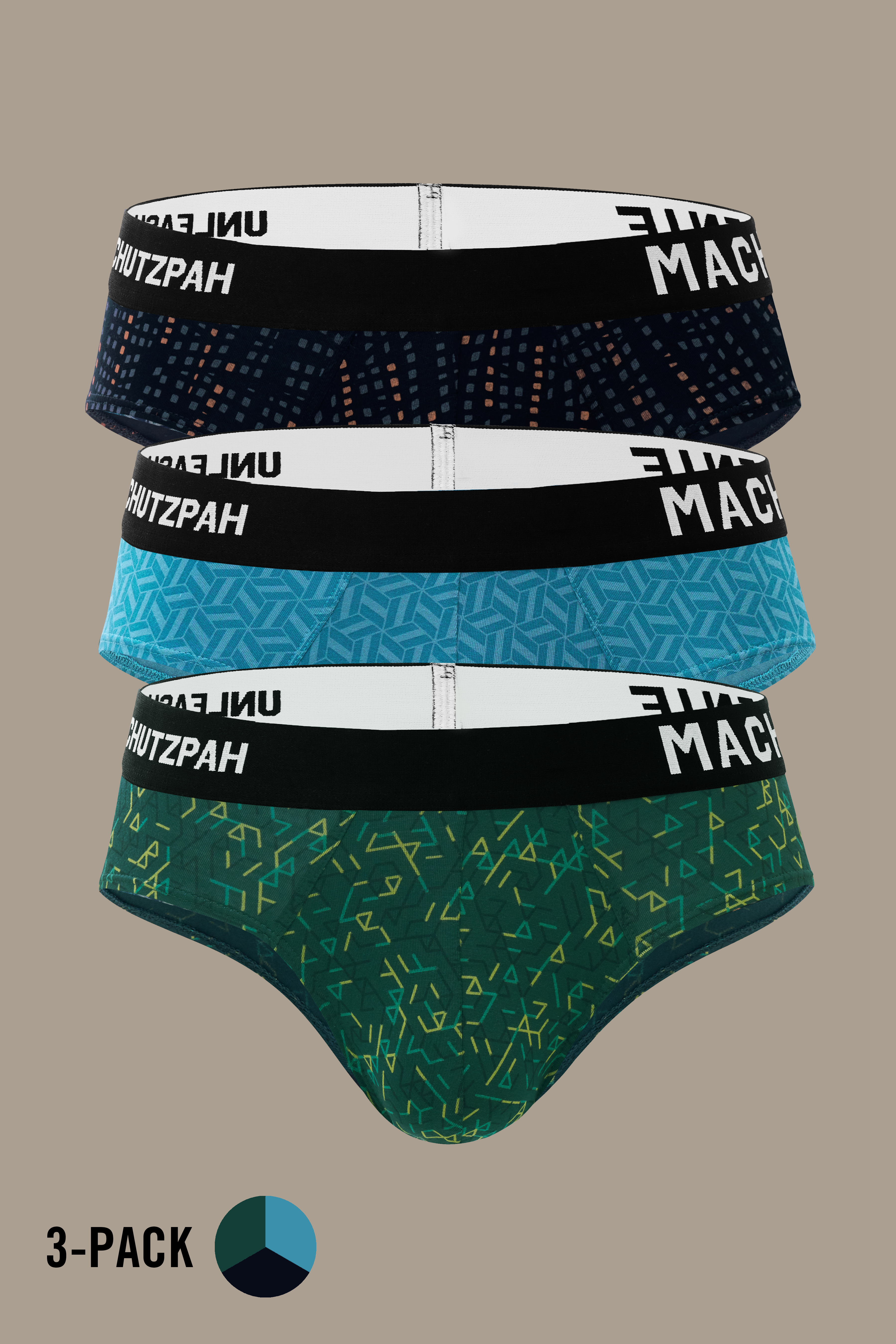 Men’s Vibrant Vibes 3 pack modal  Y-shaped briefs in Black, Blue and Green, crafted from bio washed modal with vibrant prints, ultra soft comfort, ULTRA SOFT wash and flexible waistbandMacho Genie Printed Pure Cotton Y-Shaped Combo Set -Black, Blue and Green
