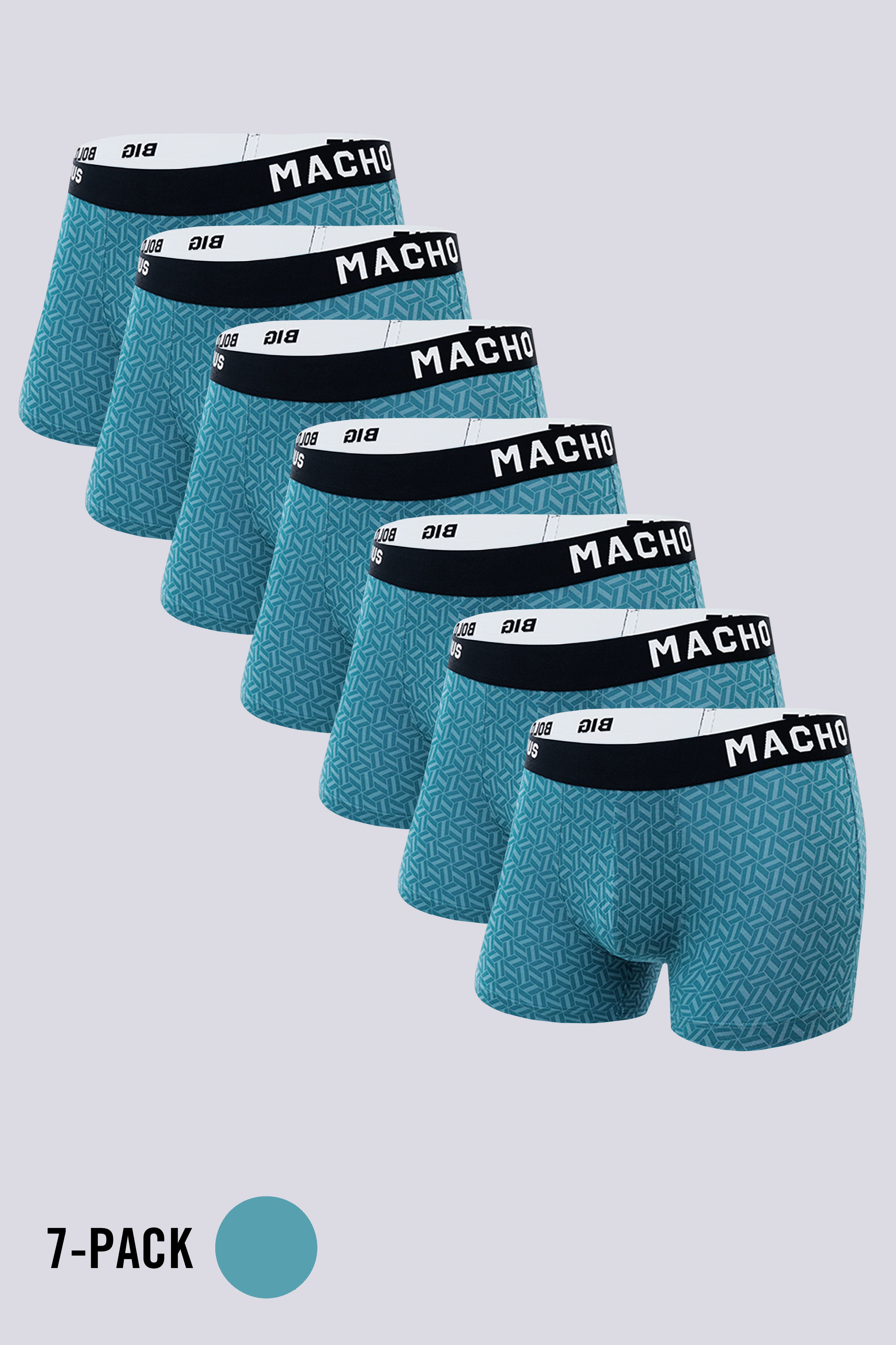 Macho Genie Vibrant Vibes 7 pack of men’s Blue modal trunks crafted from bio washed modal with vibrant blue, teal and navy geometric prints, ULTRA SOFT wash, flexible waistband and 3 inch inseam; all seven trunks in the pack are Blue