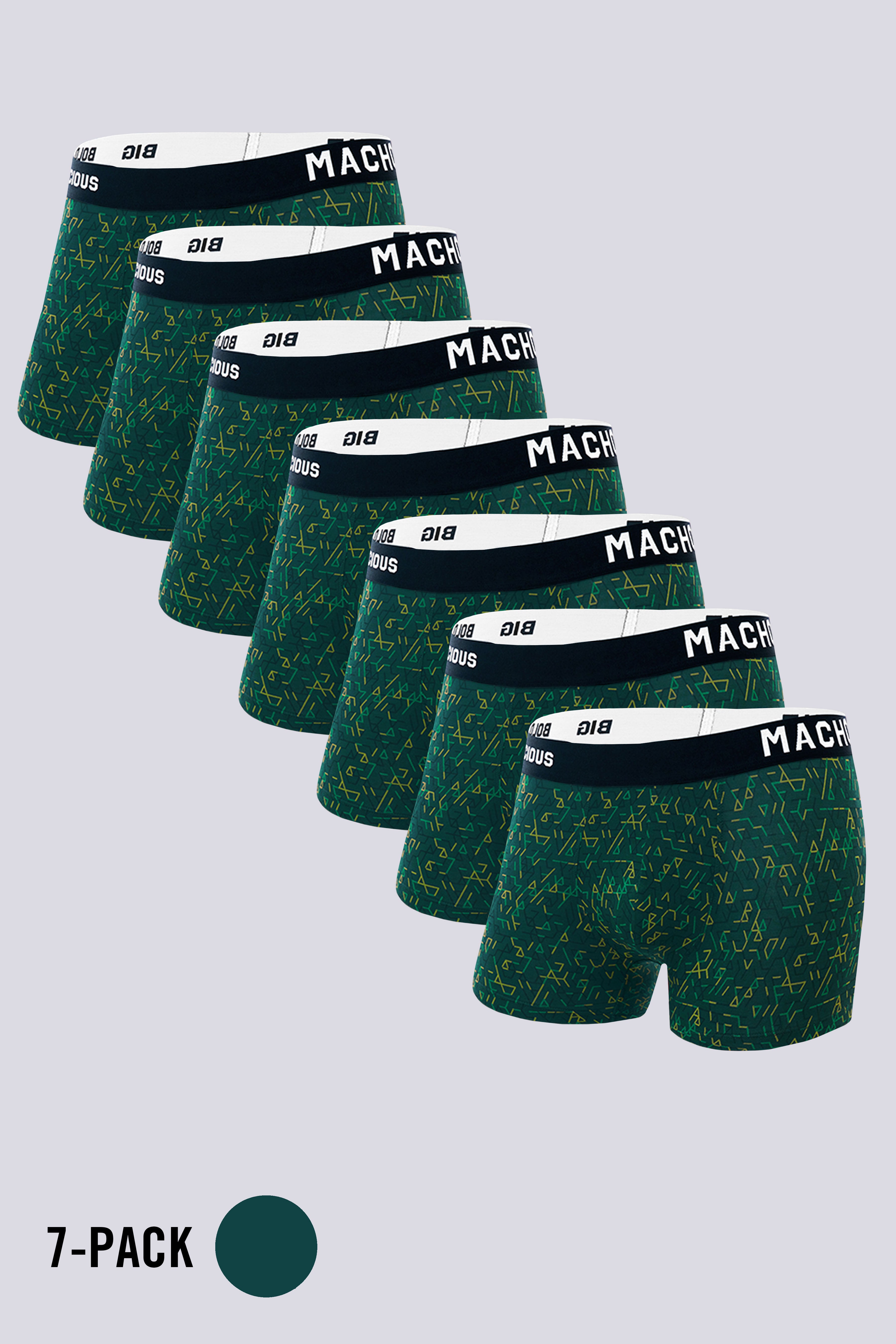 Macho Genie Vibrant Vibes 7 pack of men’s Green modal trunks crafted from bio washed modal with vibrant green, teal and yellow geometric prints, ULTRA SOFT wash, flexible waistband and 3 inch inseam; all seven trunks in the pack are Green