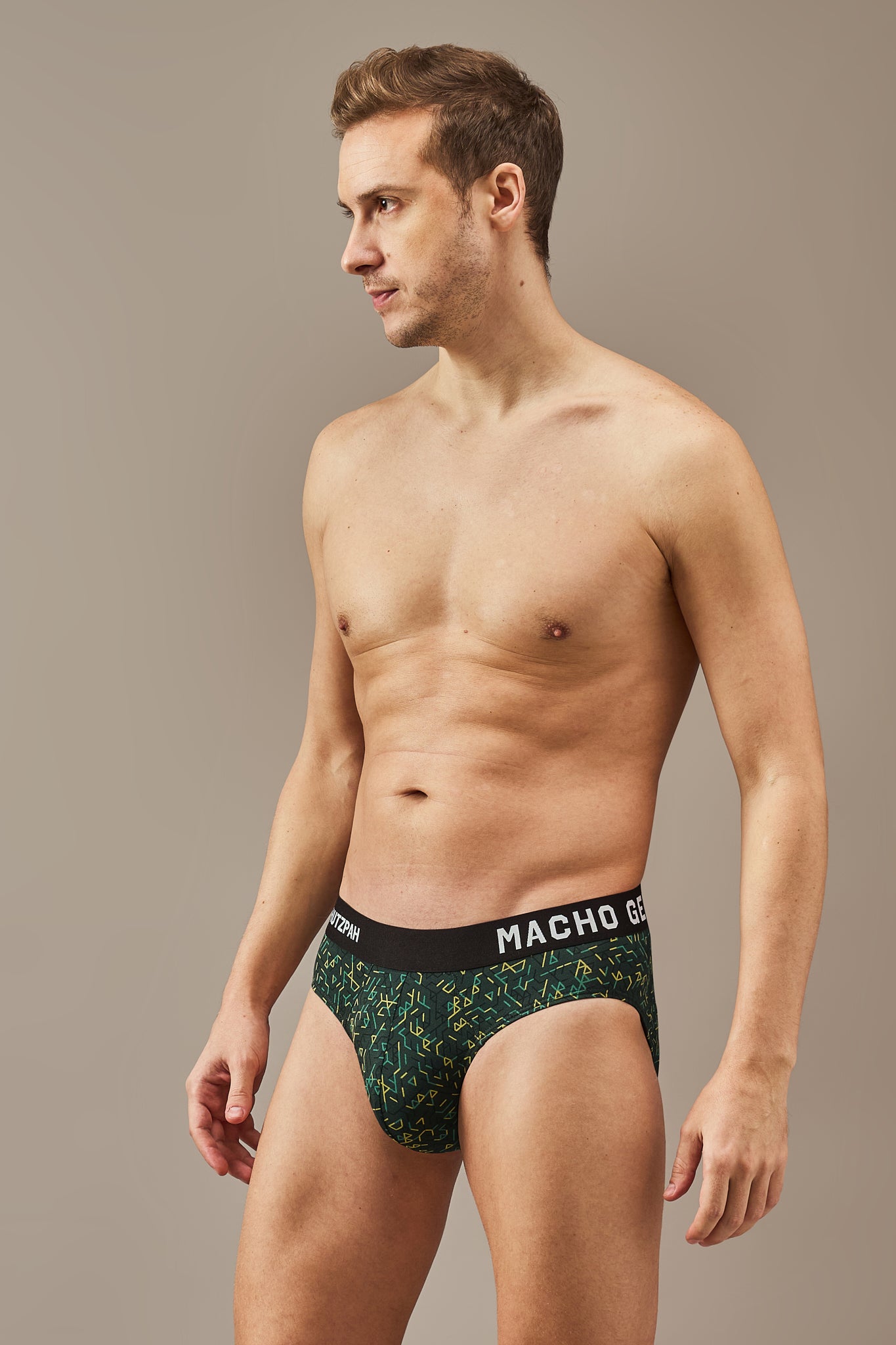 Macho Genie men’s green printed modal Y- shaped briefs made from ultra soft bio washed modal with vibrant green and yellow prints, flexible waistband and full coverage support for breathable everyday comfort