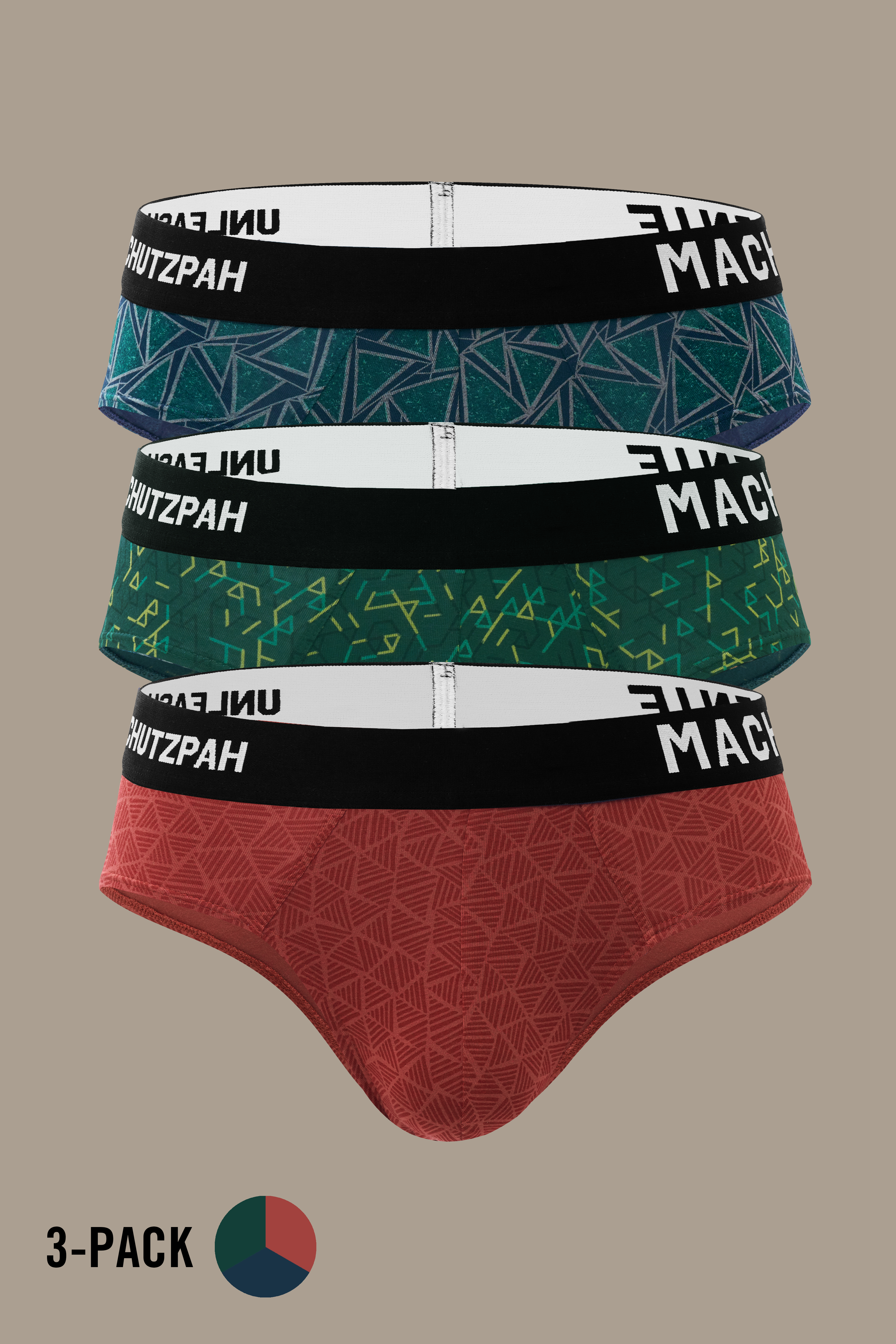 Macho Genie men’s Vibrant Vibes modal  Y-shaped briefs 3 pack in Ocean, Green and Red, made with ultra soft bio washed modal, vibrant prints and a flexible waistband for breathable everyday comfort