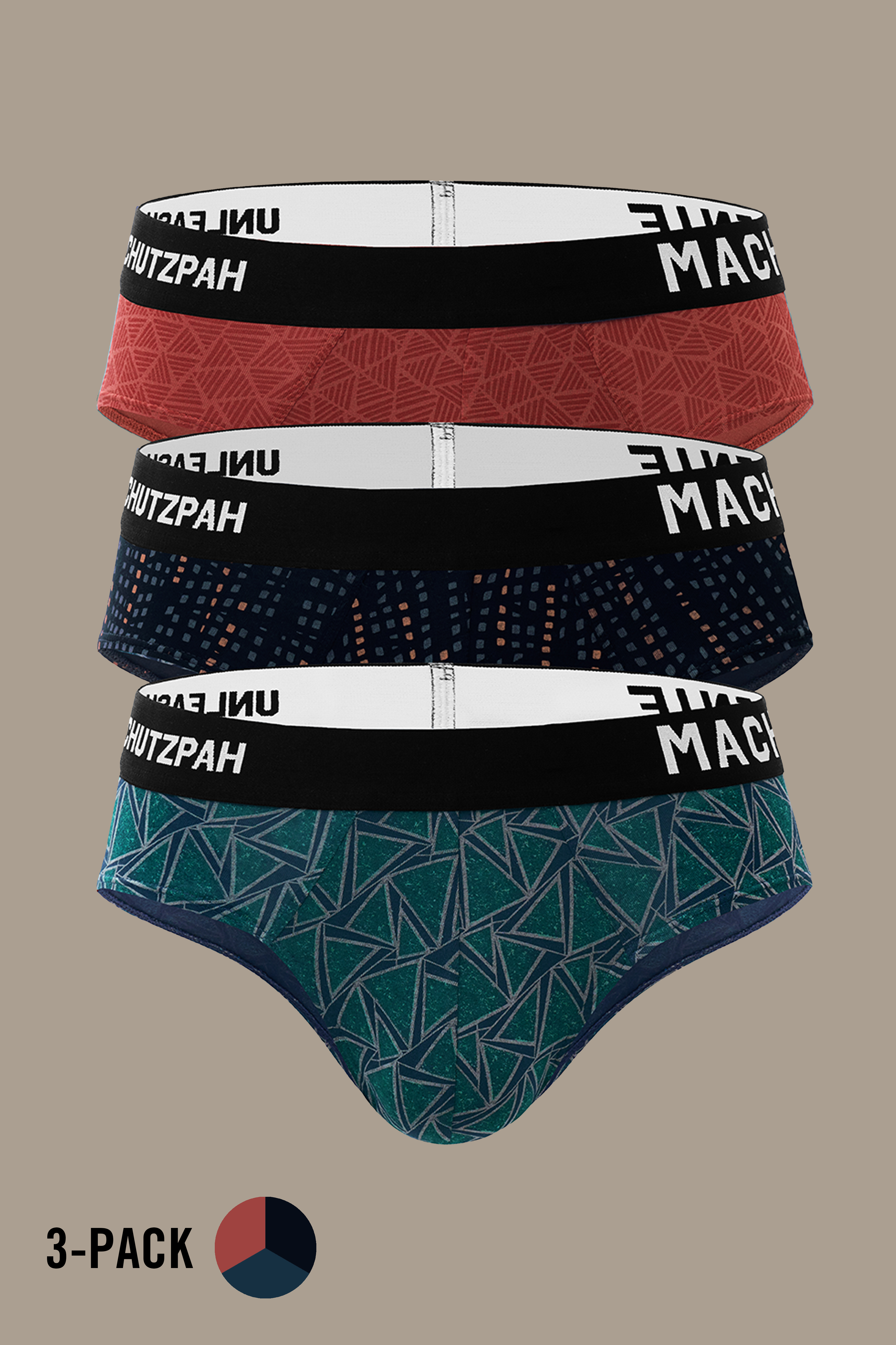 Men’s Vibrant Vibes 3 pack modal  Y-shaped briefs in Red, Black and Ocean Green, made from ultra soft bio washed modal with vibrant prints, ULTRA SOFT wash and a flexible waistband for everyday comfort
