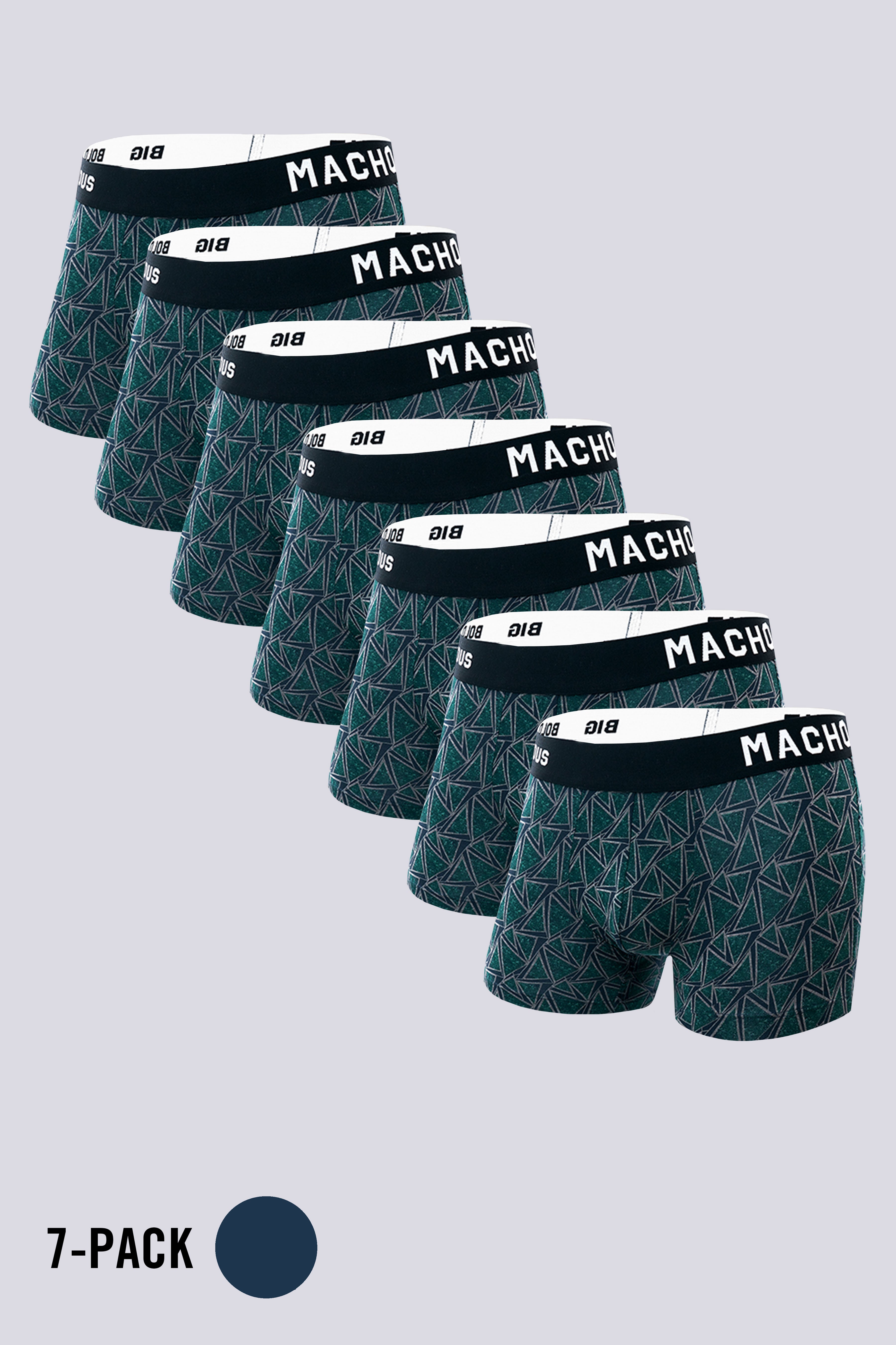 Macho Genie Vibrant Vibes 7 pack of men’s modal trunks in Ocean Green, featuring bio washed modal, vibrant geometric prints, ULTRA SOFT wash, flexible waistband and 3 inch inseam; all seven trunks are Ocean Green