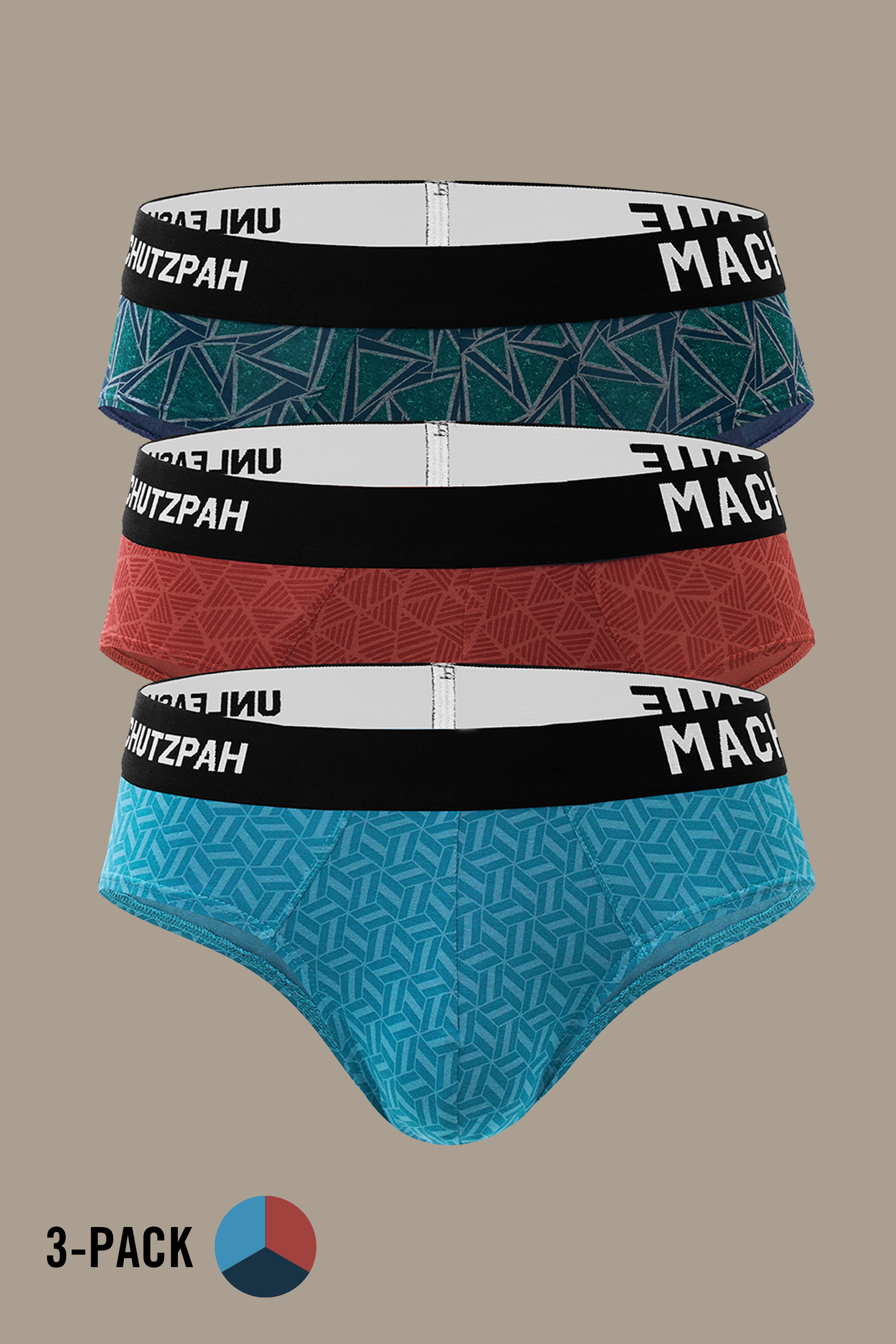 Men’s Vibrant Vibes 3 pack modal briefs in Ocean Blue, Red and Blue, made with bio washed modal, vibrant prints, ULTRA SOFT wash and a flexible waistband for ultra soft everyday comfort