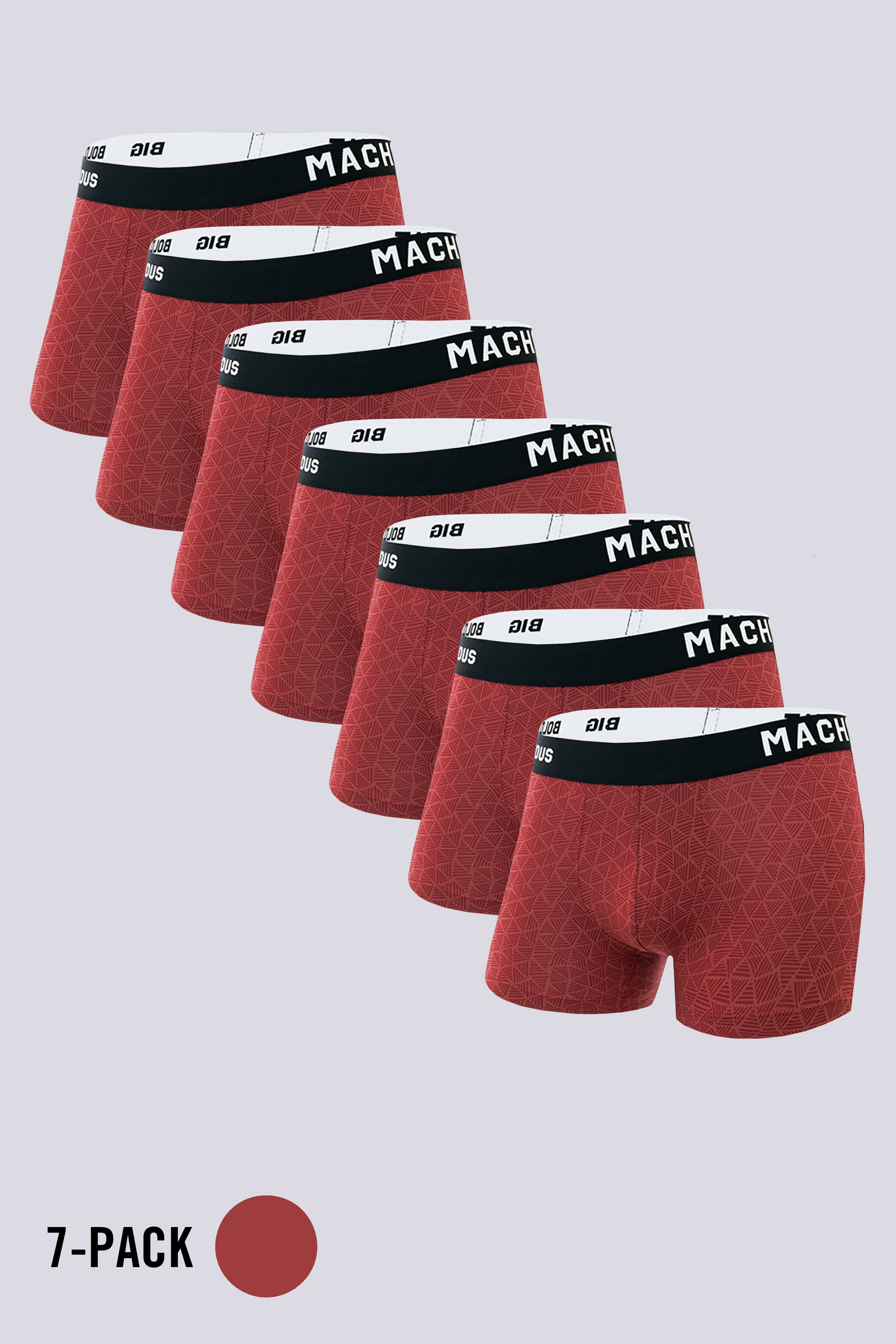 Macho Genie Vibrant Vibes 7 pack of men’s Red modal trunks crafted from bio washed modal with vibrant red, brick red and deep red geometric prints, ULTRA SOFT wash, flexible waistband and 3 inch inseam; all seven trunks in the pack are Red