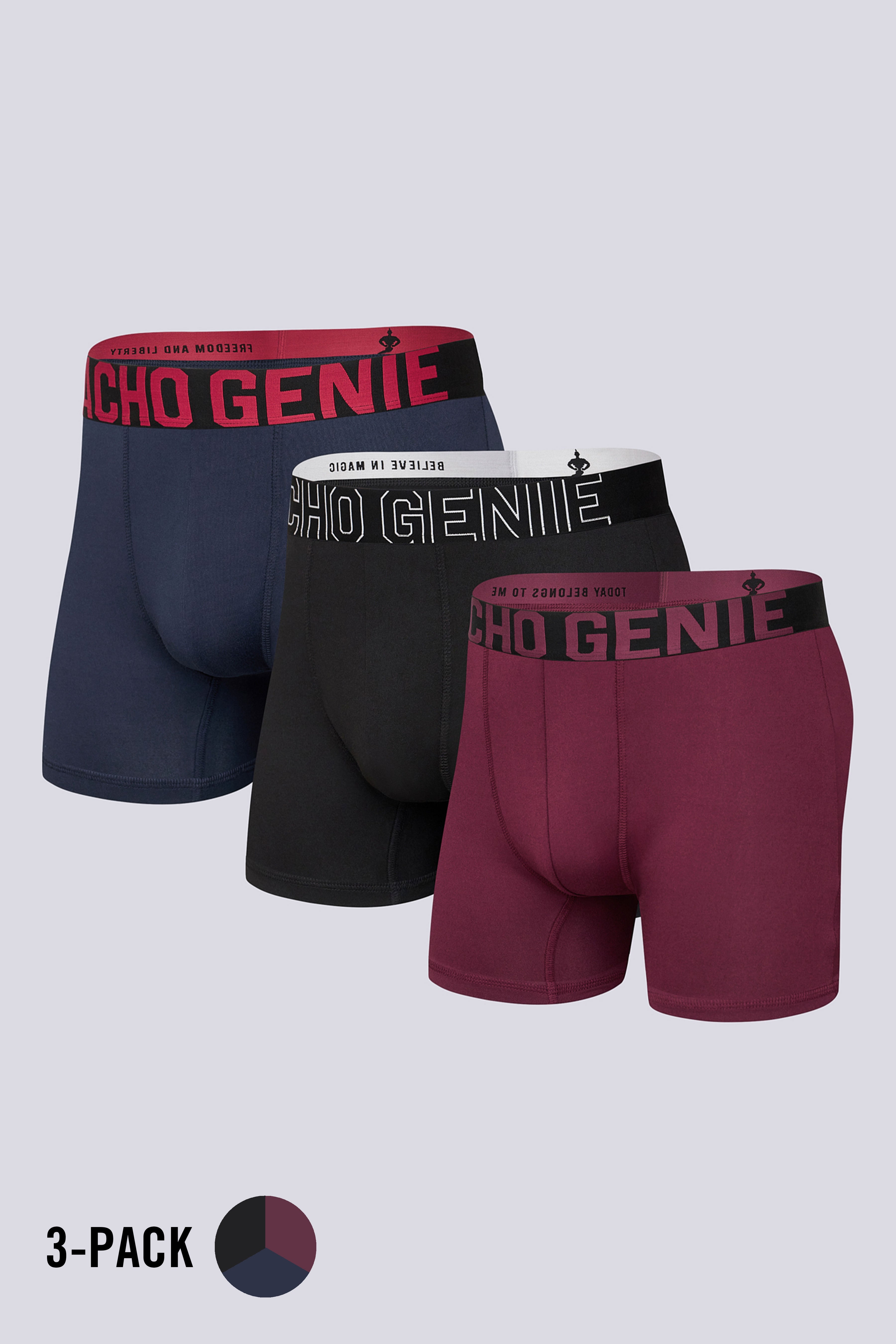 Macho Genie mens Essentials FlexCore boxer brief 3 pack in maroon black and navy with high stretch microfiber compression fit and flexible waistbands