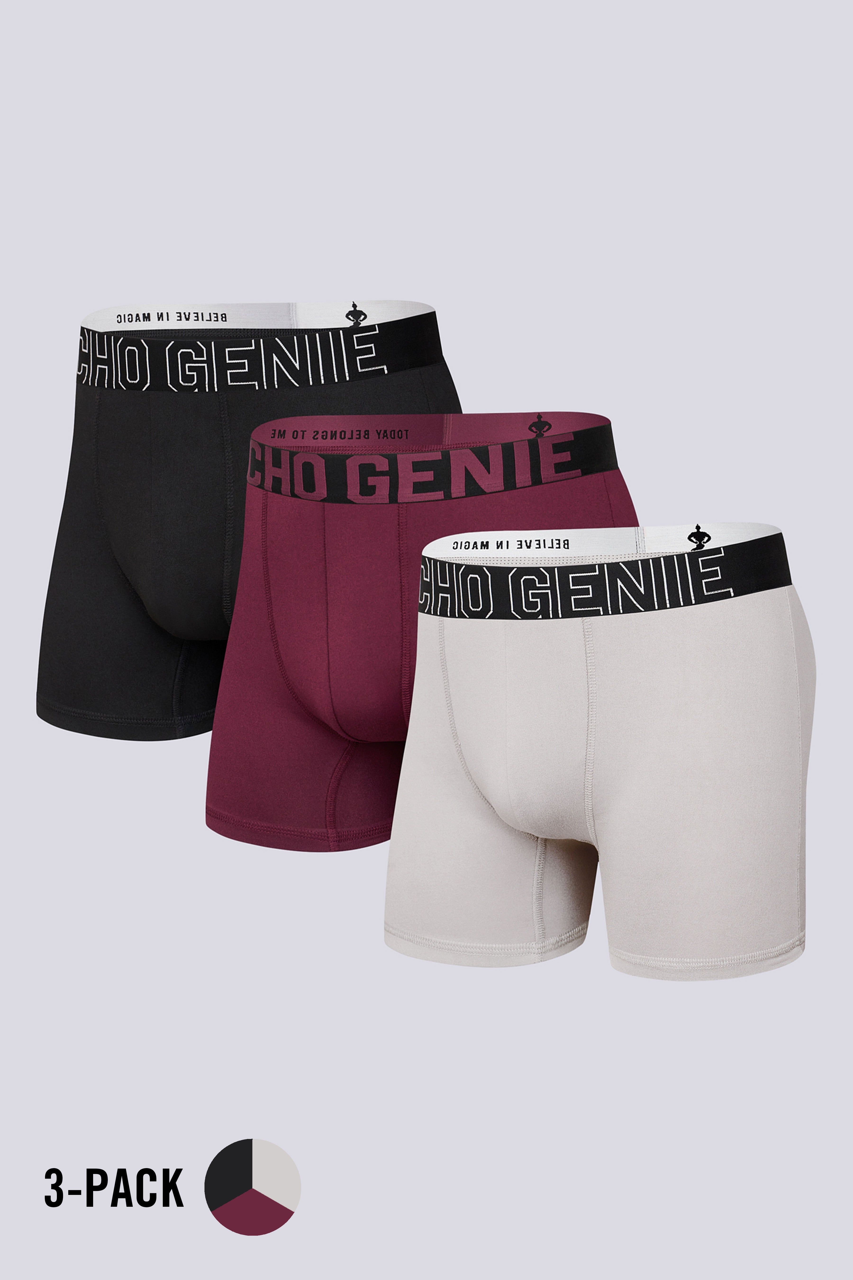 Macho Genie mens FlexCore compression boxer brief 3 pack in gray maroon and black with high stretch microfiber and flexible waistband