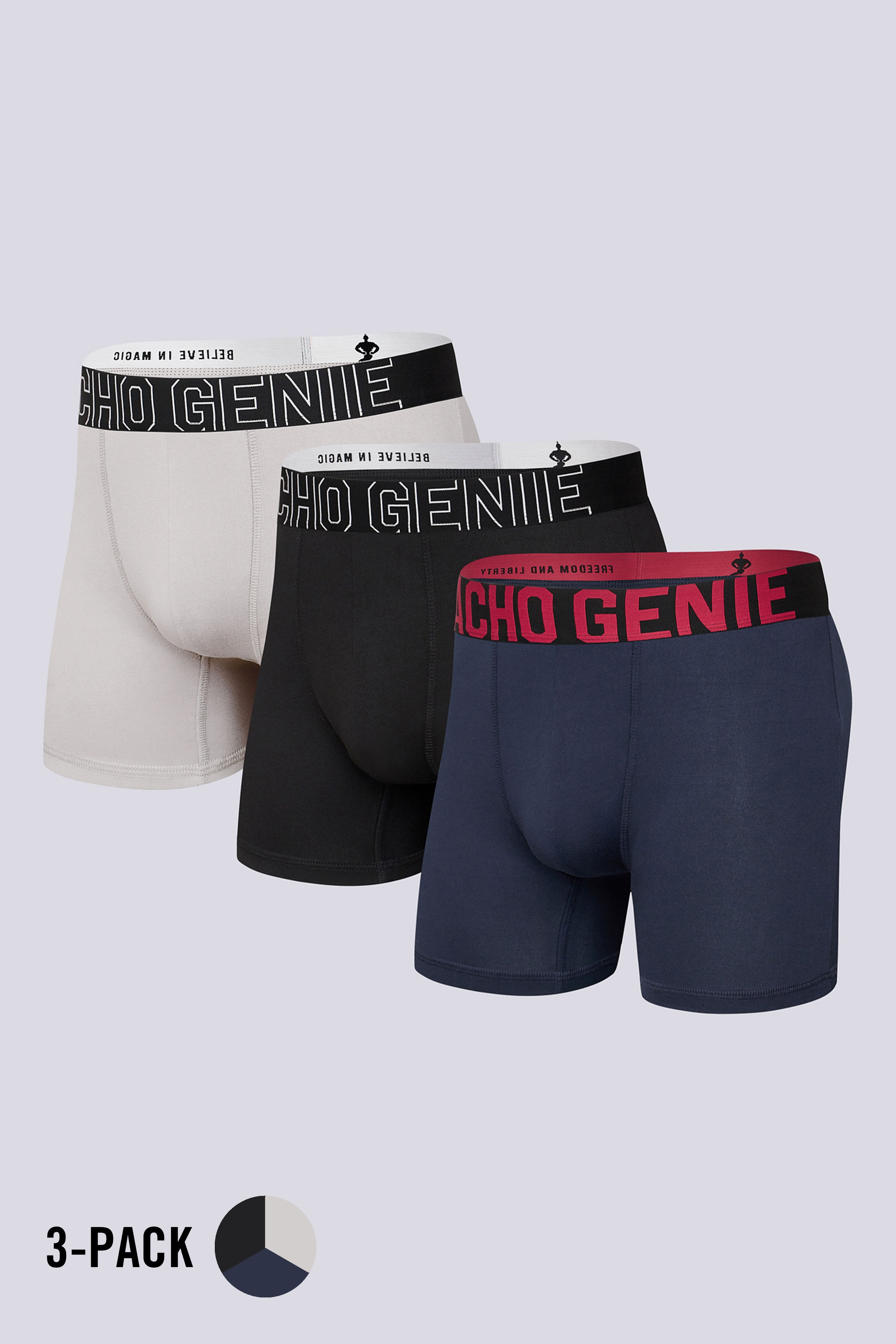Macho Genie mens FlexCore compression boxer brief 3 pack in navy black and gray with high stretch microfiber flexible waistband and performance support
