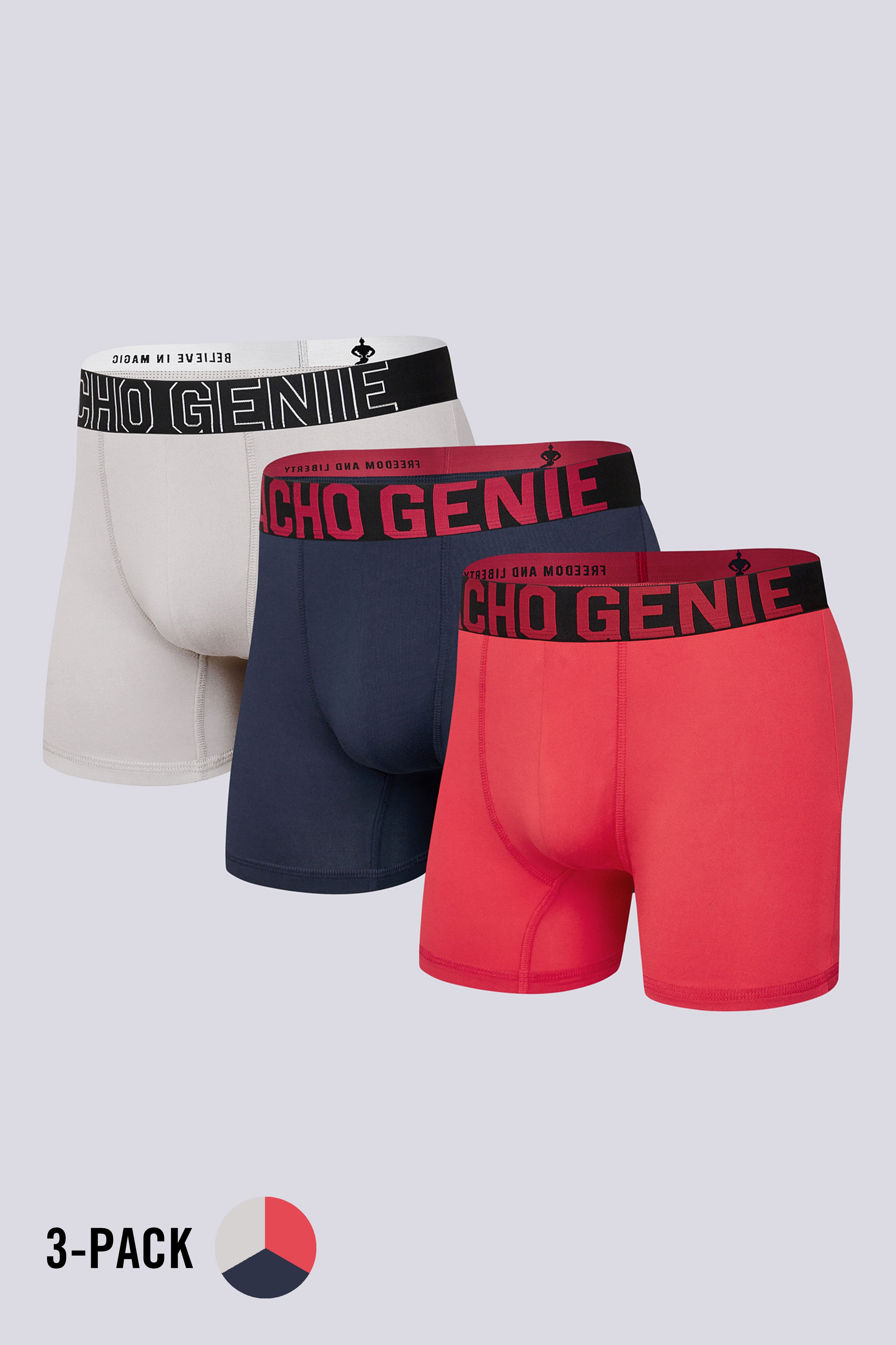 Macho Genie men’s FlexCore compression boxer briefs 3-pack in red, navy and gray with high stretch microfiber, flexible waistbands and performance support