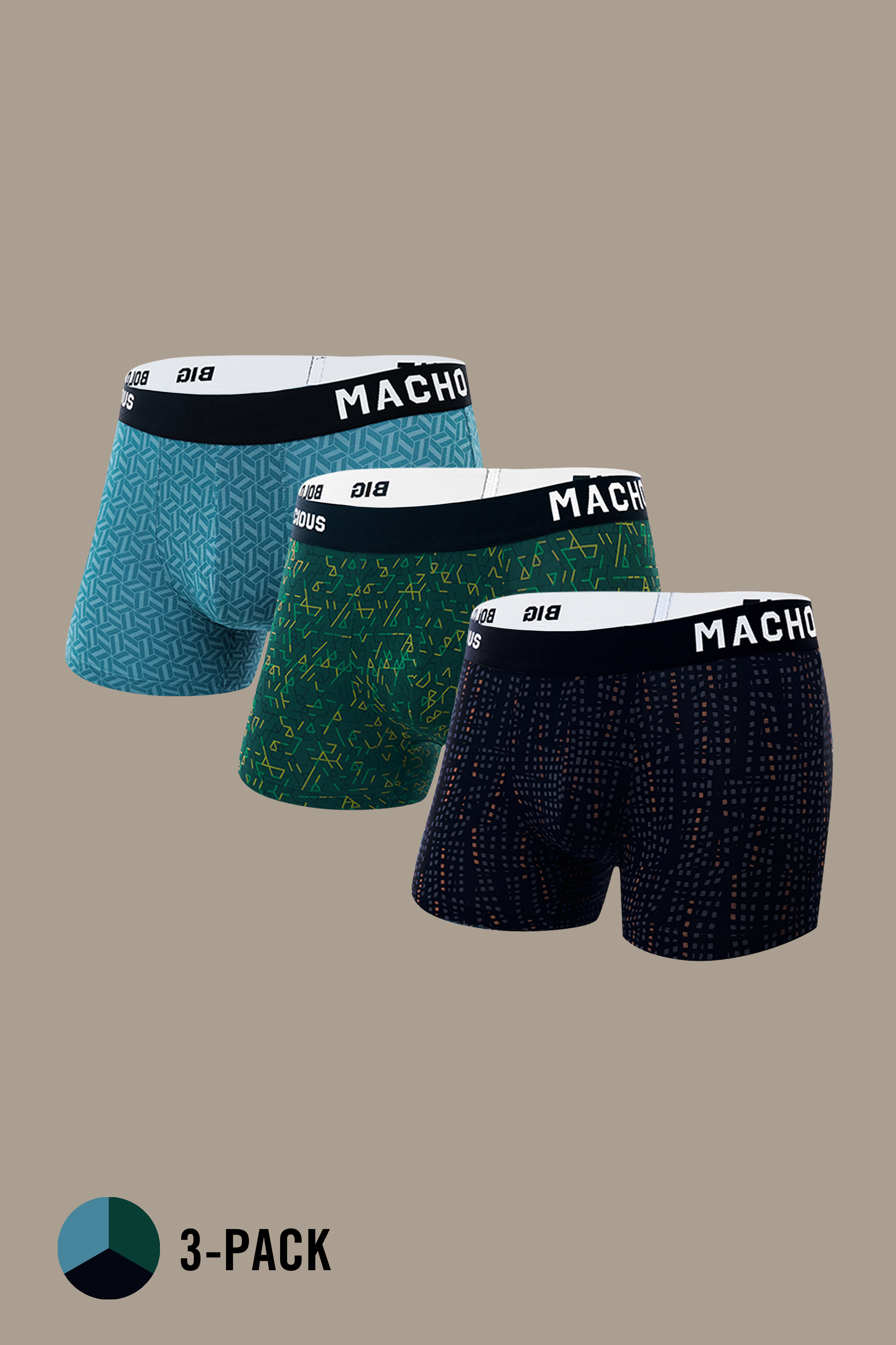 Macho Genie men’s modal trunks pack of 3 in blue, green and black with vibrant prints, bio washed modal, ultra soft comfort, flexible waistband and 3 inch inseam