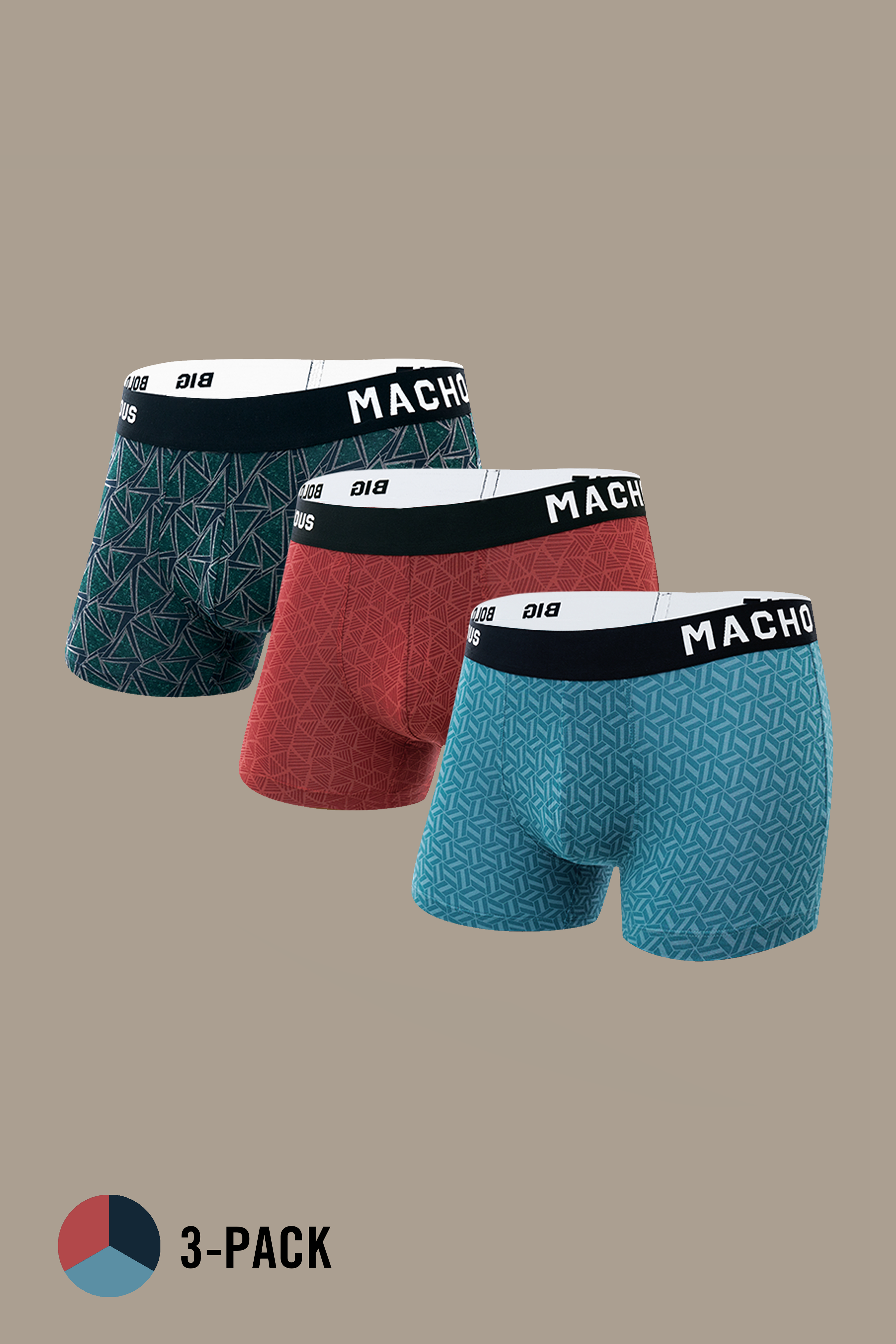 Macho Genie men’s modal trunks 3 pack in ocean green, red and blue with vibrant prints, bio washed modal, Ultra soft wash, flexible waistband and 3 inch inseam