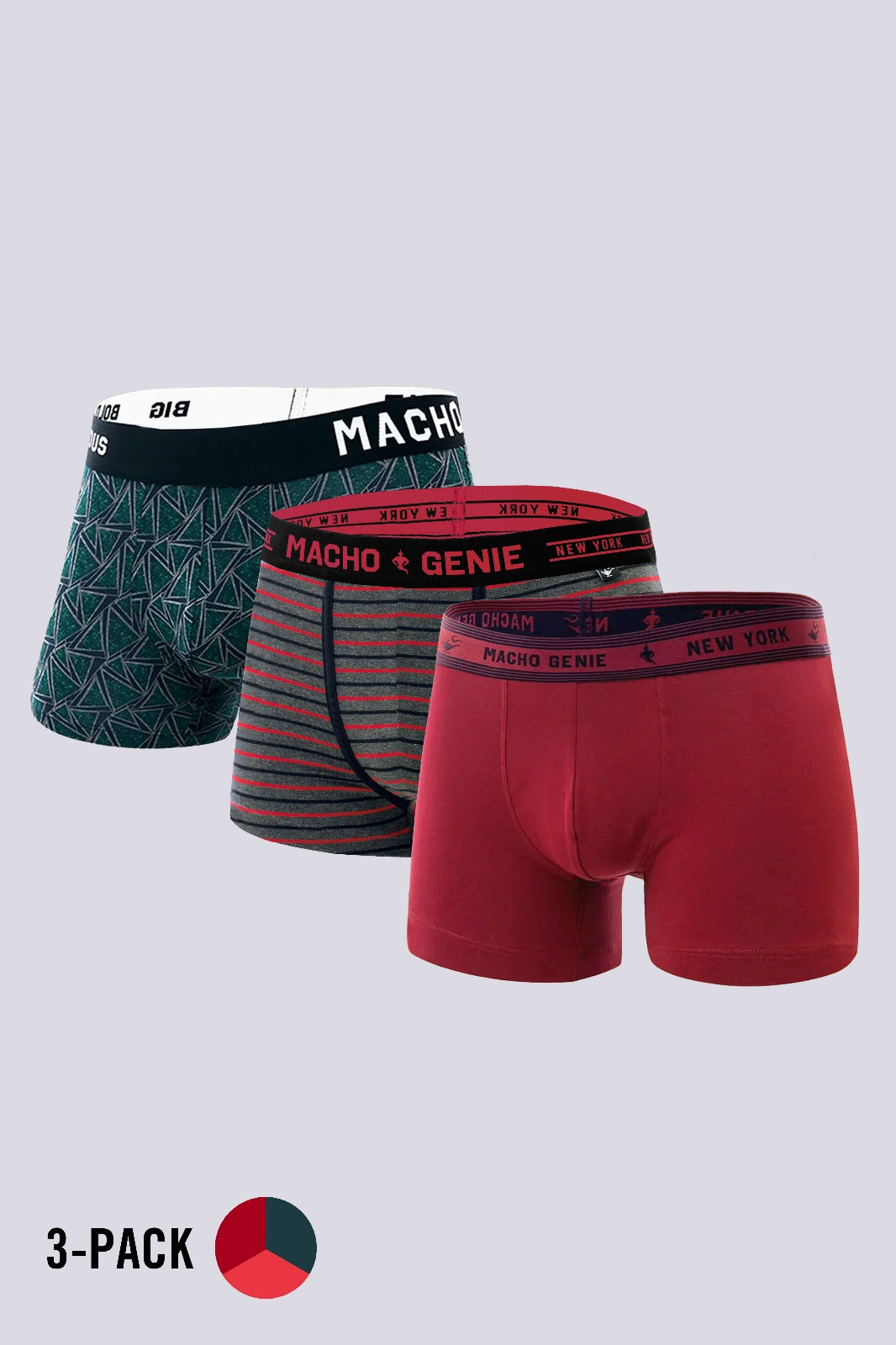 Men's Essentials - Trunks - 3-Pack - Red, Wine, and Ocean